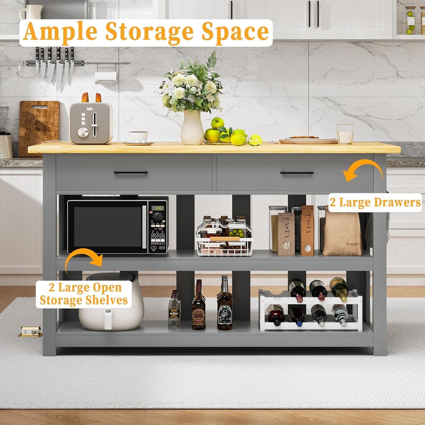 DynJest 47.3" Solid Rubberwood Kitchen Island with Power Outlets - Extra Large Work Surface, 2 Drawers & Open Shelves Storage Cabinet for Kitchen Dining Room, Farmhouse Style (Grey)