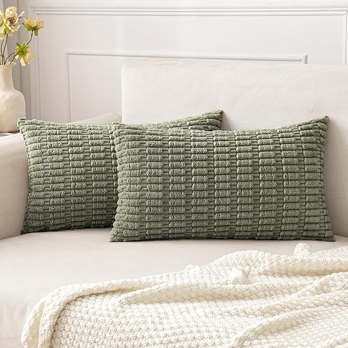 MIULEE Pack of 2 Corduroy Decorative Lumbar Throw Pillow Covers 20x12 Inch Soft Boho Striped Pillow Covers Modern Farmhouse Home Decor for Summer Sofa Living Room Couch Bed Light Olive Green