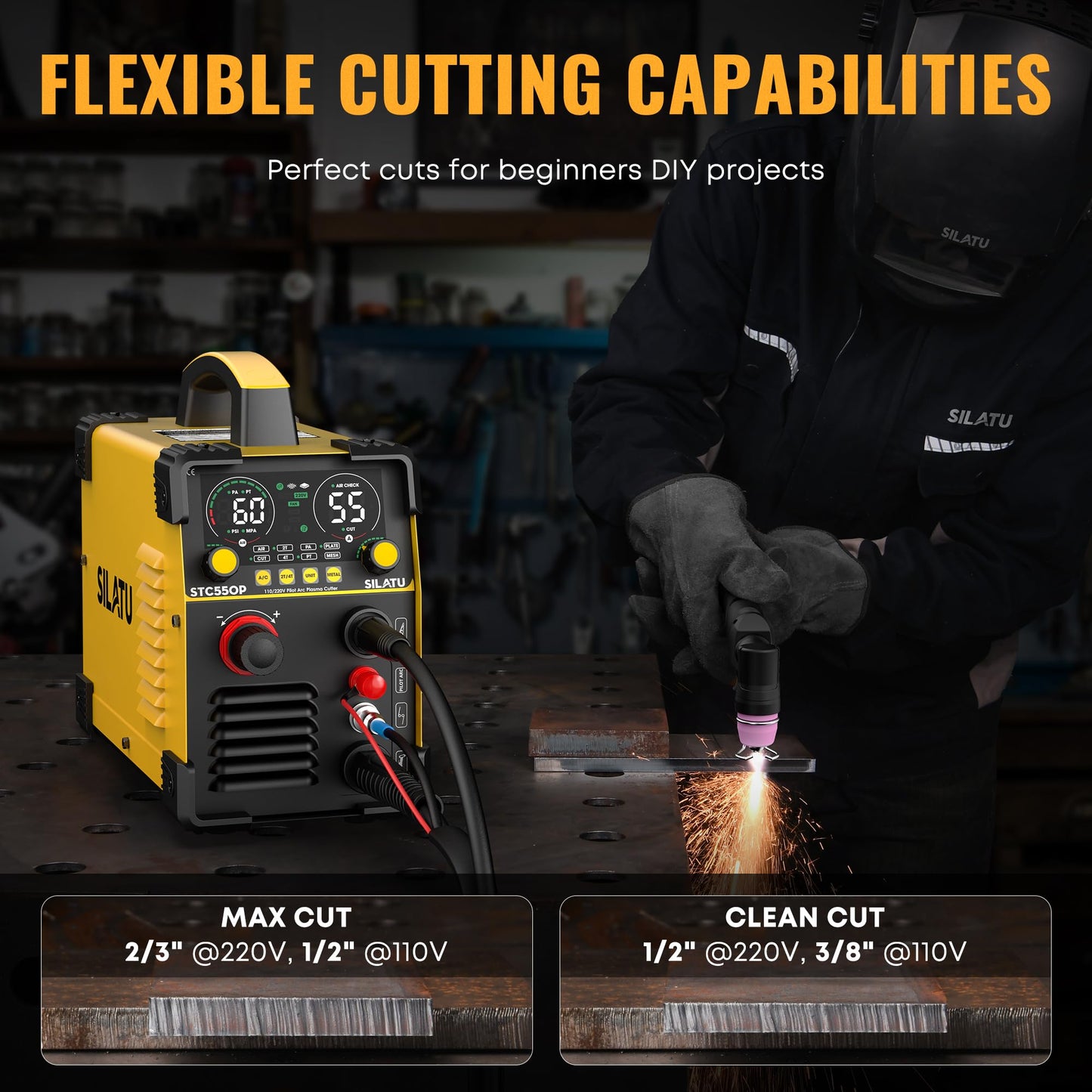 SILATU 55Amps Plasma Cutter, STC550P HF Non-Touch Pilot Arc Plasma Cutter Machine, 110/220V Dual Voltage LED Display Air Sensor Technology, 1/2'' Clean Cut 2/3'' Max Cut, PT/2T/4T for Beginners DIY