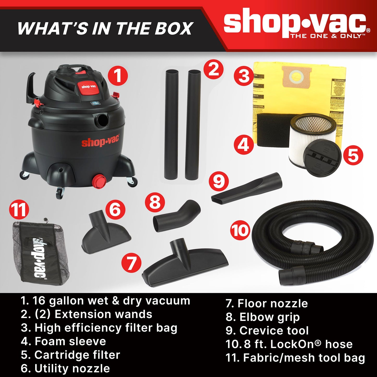 Shop-Vac 8252605 16 Gallon, Wet/Dry Utility Vacuum, 6.5 Peak HP, 2.5 Inch Diameter x 8 Foot Hose, 12 Foot Cord, Durable Design for Heavy-Duty Cleaning
