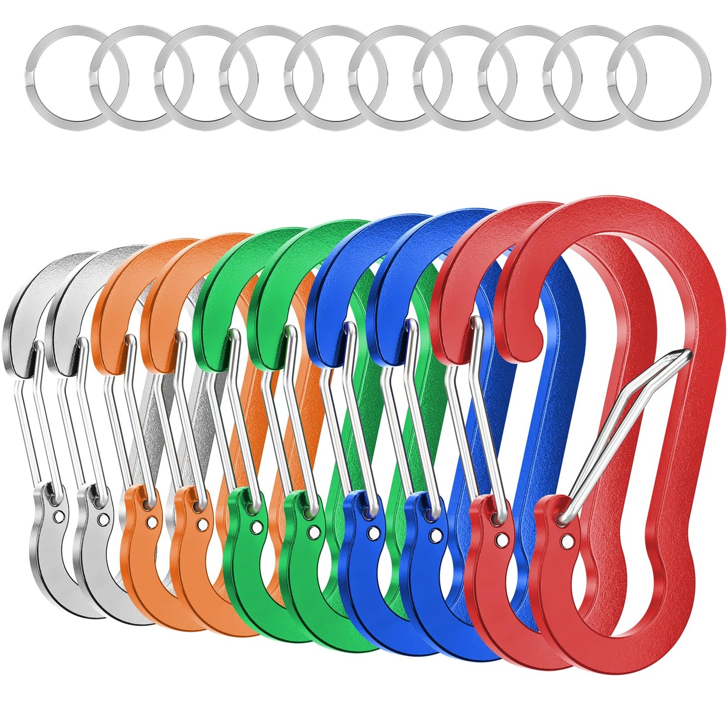 sprookber 3.2 Inch Aluminum Carabiner Clips D Ring, Caribeaner Spring Snap Hook with Keychain for Camping, Hiking, Gym & Outdoor Gear, Set of 10(Multicolor)