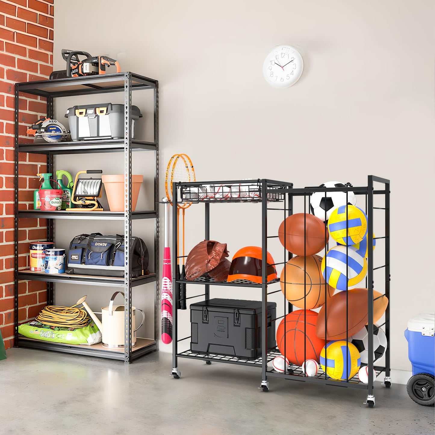 Multi-Functional Sports Equipment Organizer with Elastic Rope, Removable Basket & Racket Holders - Heavy-Duty Organizer for Balls, Tennis/Badminton Rackets - Ideal for Garage, Home Gym & Playroom