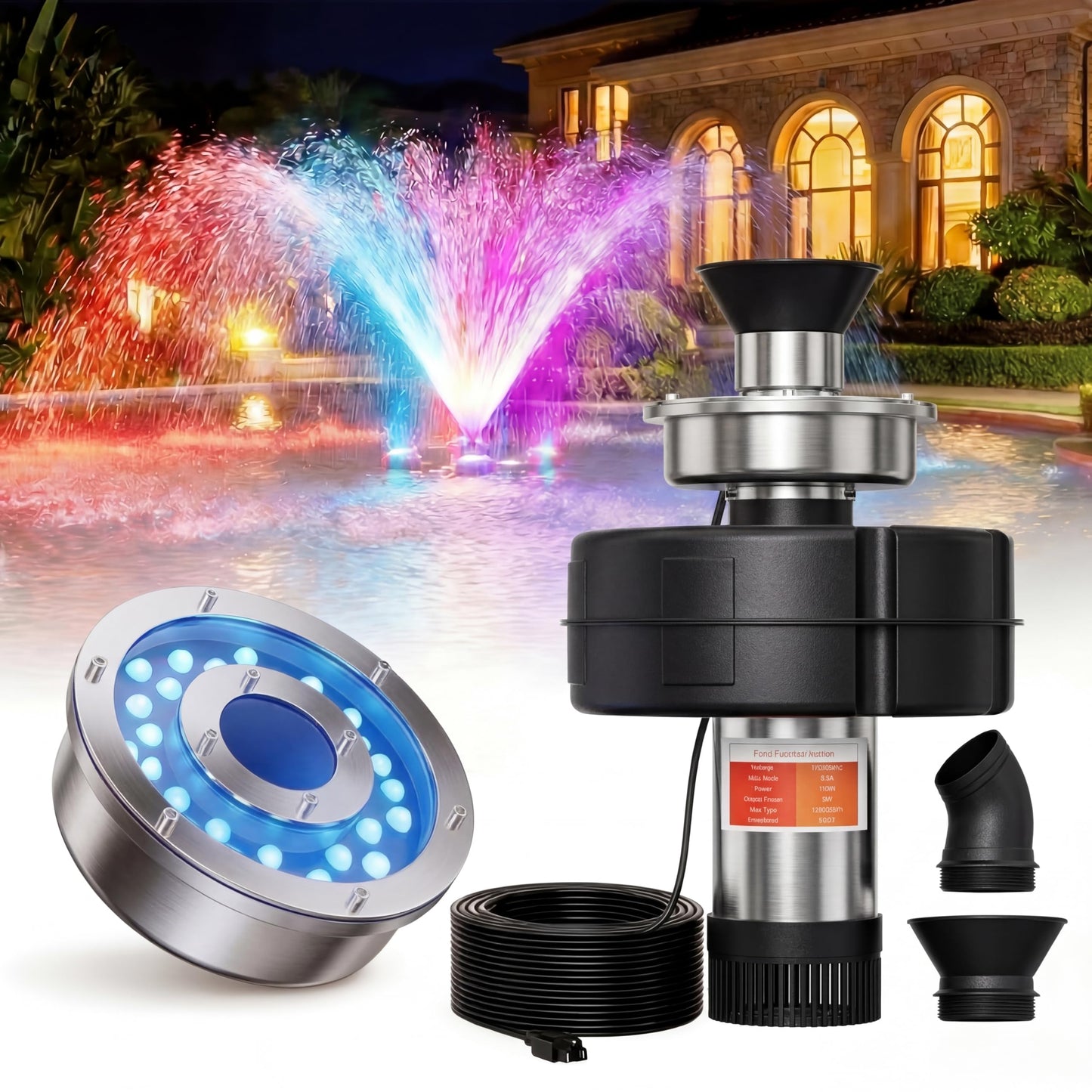 Large Energy-Efficient 1HP Pond Aerator with Automatic 5-Color Changing LED Lighting – 15000 GPH 750W Floating Fountain Pump for Ponds & Lakes, Includes 100ft Cable & Timer Controller