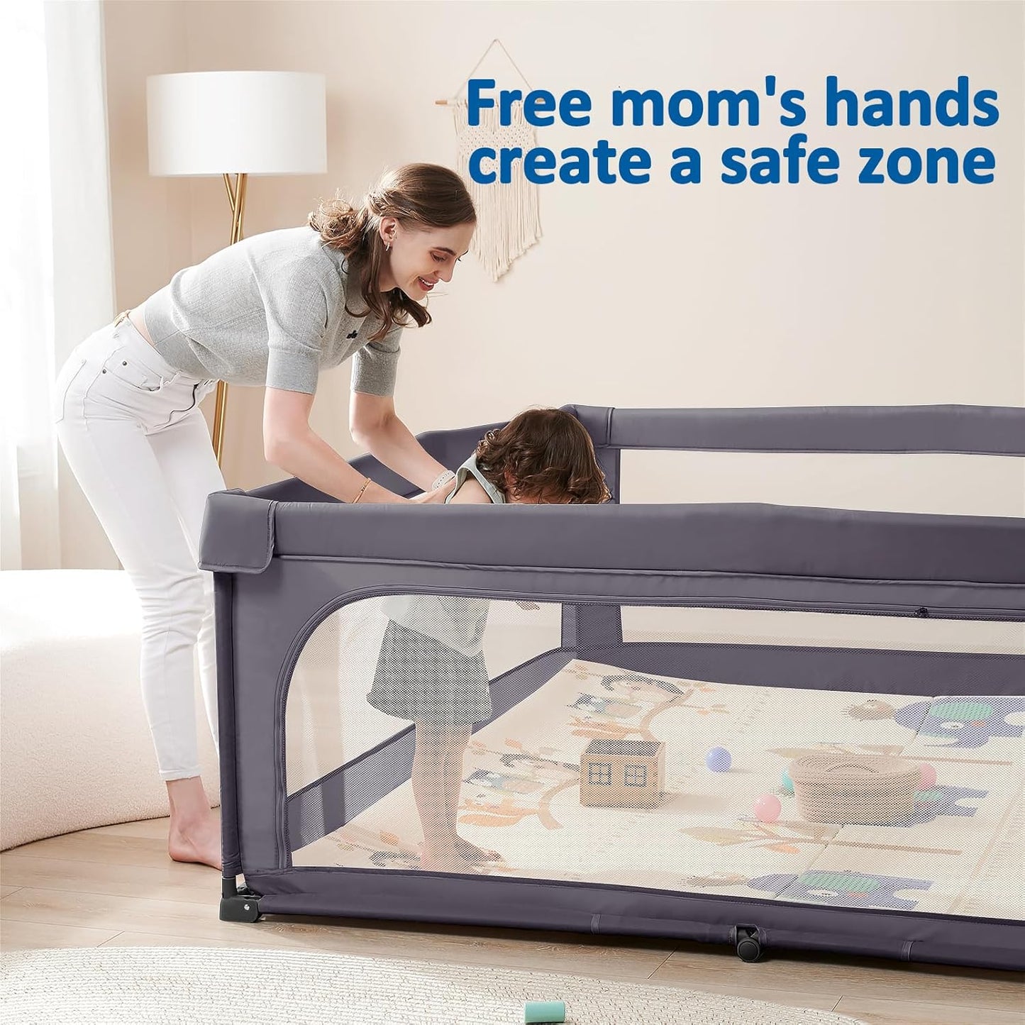 Sweeby Baby Playpen - 59x59 Inch Indoor/Outdoor Play Yard with Door for Babies & Toddlers | Dark Grey
