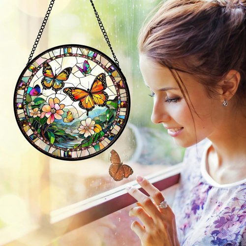 DASTOLL Stained Glass Suncatcher - Butterflies Flying in the Sky | 9.8-Inch Decorative Window Hanging for Home, Gifts for Mom