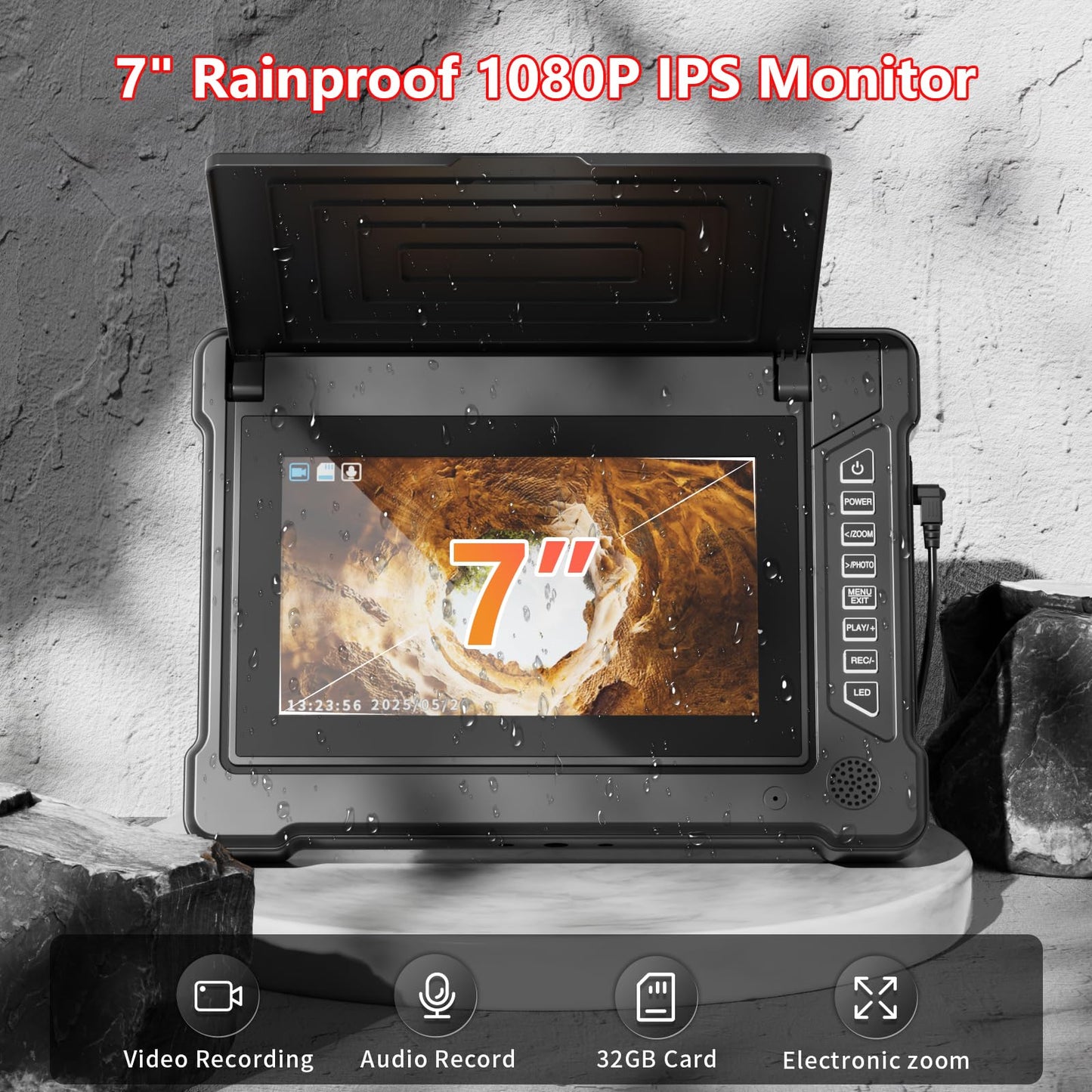 Sewer Camera 100ft/30M 7" Rainproof IPS Screen Pipe Drain Inspection Camera DVR Recorder with Meter Marker 23MM 1080P Industrial Borescope 32G Card for Drain Pipe Plumbing