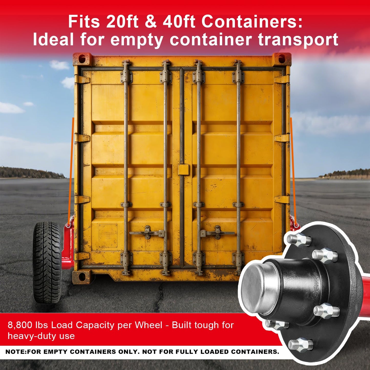 2 Pack Shipping Container Wheels kit with 6 Lug Bolt-On Spindle, Shipping Container Accessory with 8800 lbs Capacity,Heavy-Duty Shipping Container Axles with Ratchet Tie Down-Moves 20ft - 40ft