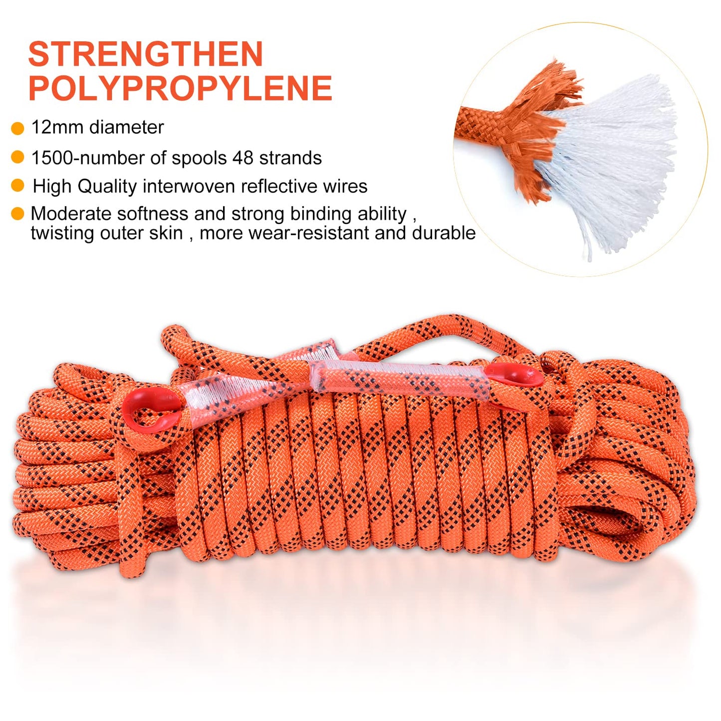 LZ.MZXU Climbing Rope, 12mm Static Climbing Ropes, 32FT(10M) 65FT(20M) 100FT(30M) 164FT(50M) Outdoor Rock Climbing Rope with Hook, Safety Rappelling Ropes, Fire Rescue Parachute(Orange, 100FT)