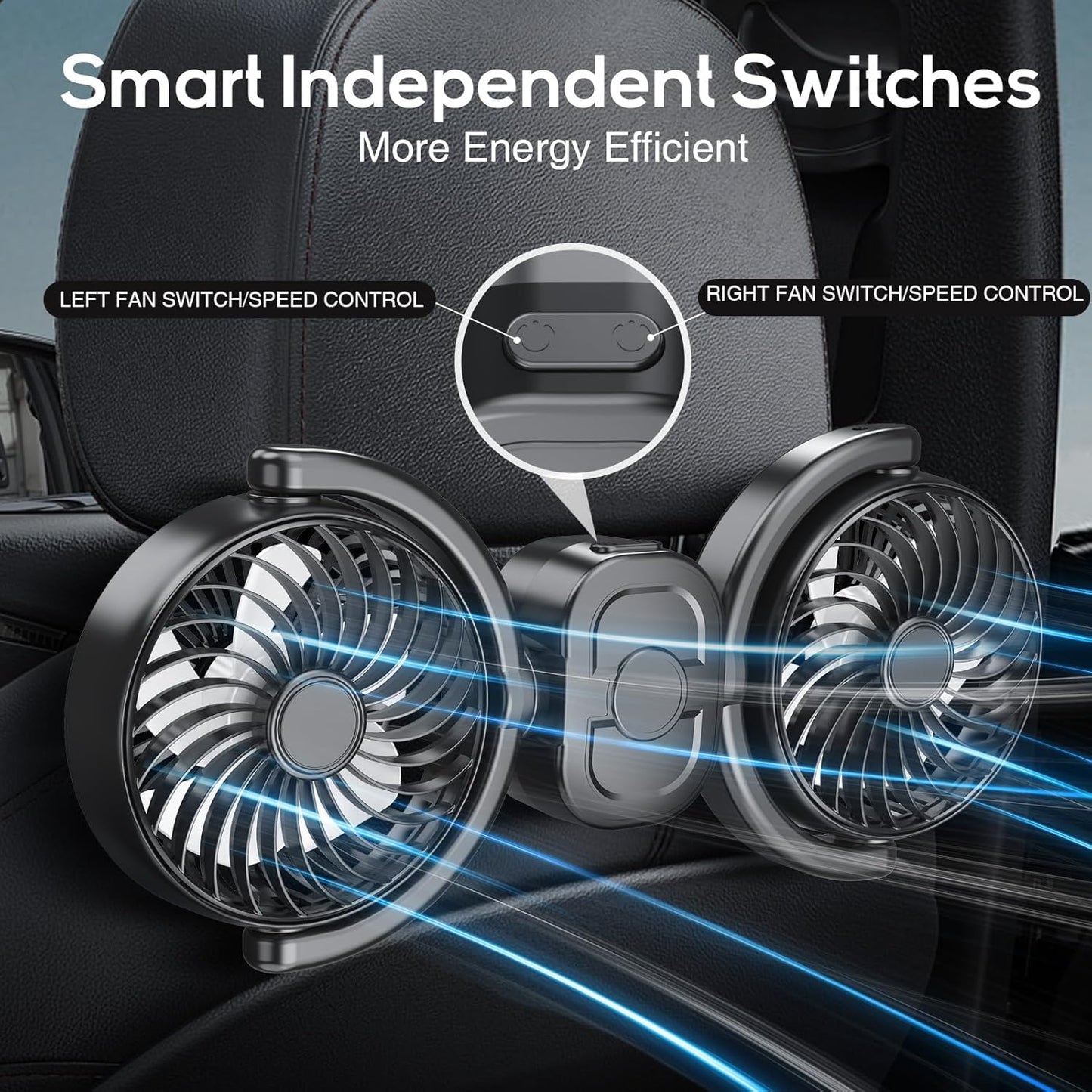 3 360 Dealswin Rechargeable Car Fan for Backseat Kids Baby, Battery and USB Dual Power Car Fans, Powerful Speeds