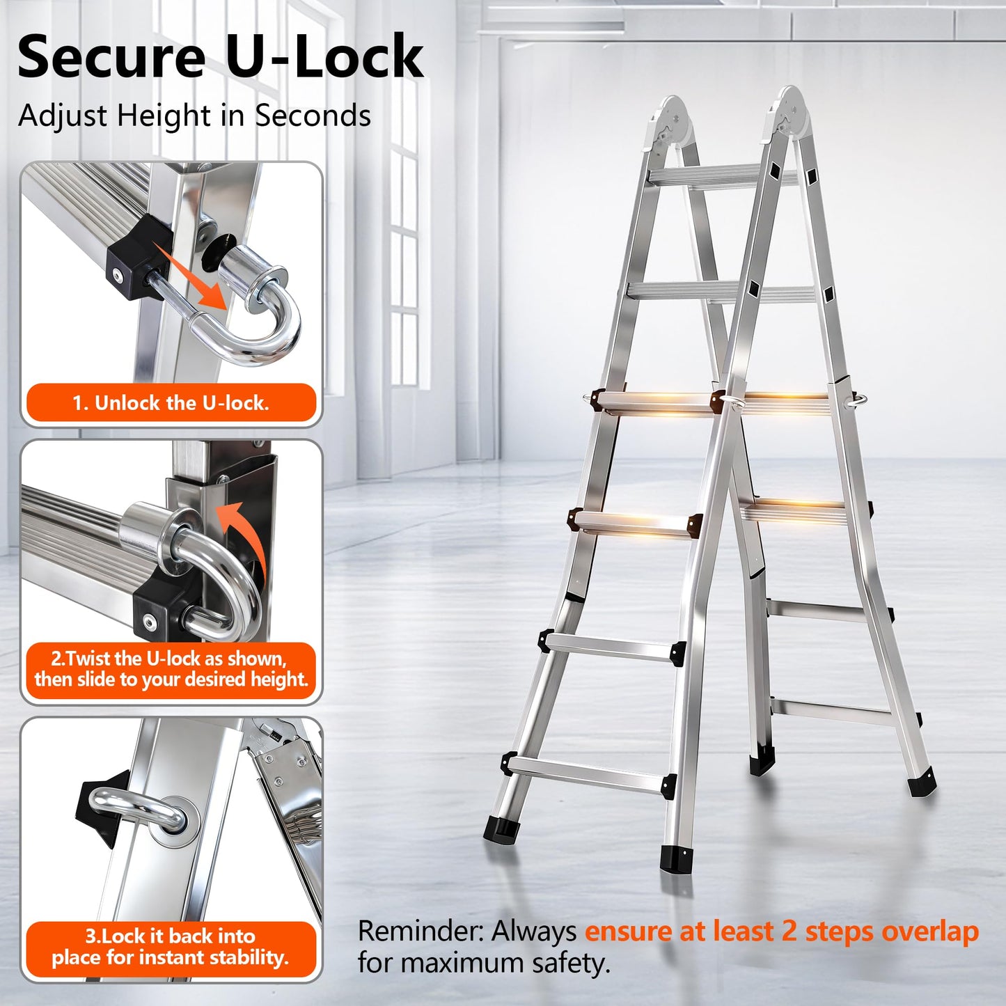 Telescoping A Frame Ladder Extension Ladders for Outdoor Home Use, Multi Position Ladders Adjustable Ladder for Stairs, Indoor, Roof and Rv Use, Steel, 330 Lbs Capacity