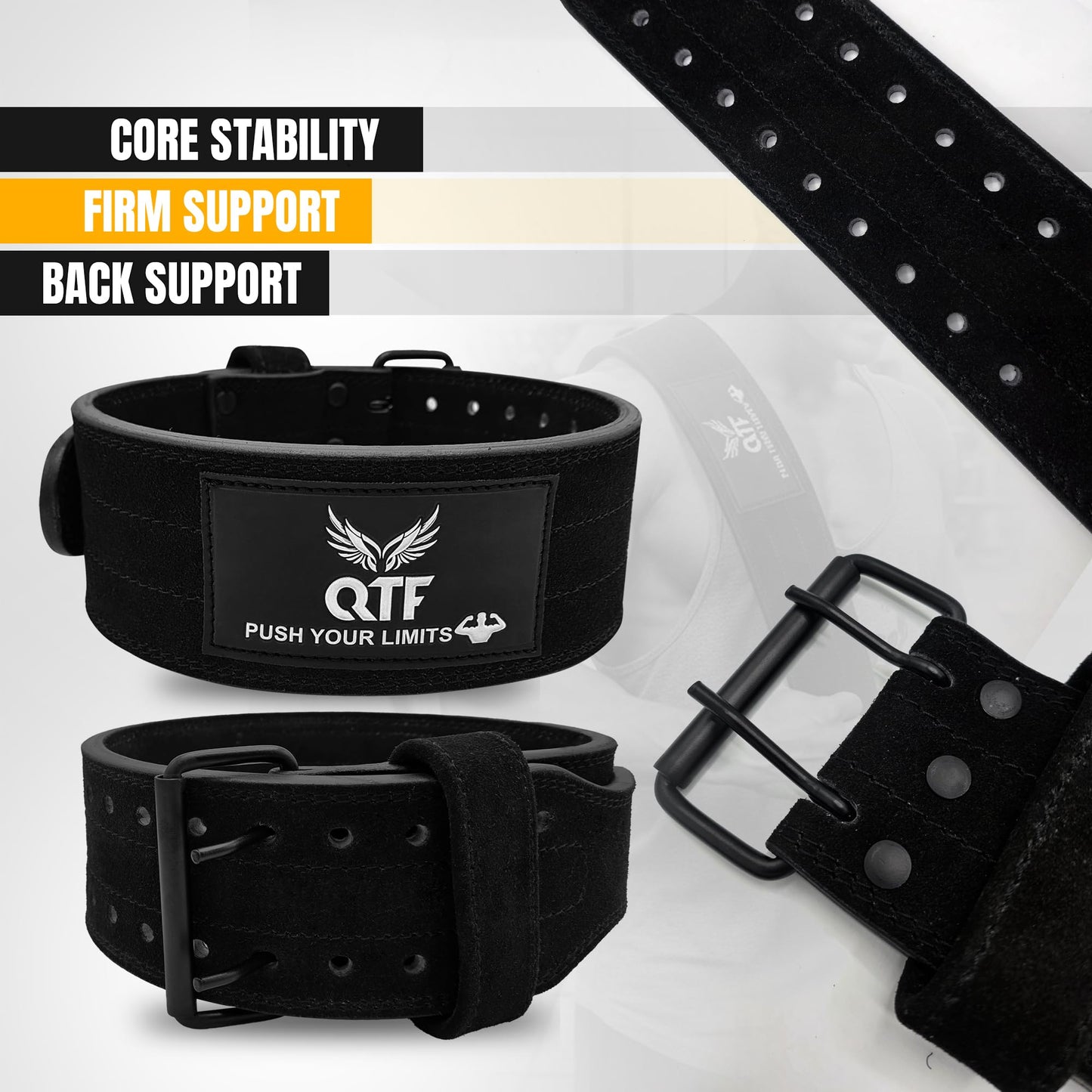 QTF Weight Lifting Belt Gym Exercise Workout, 4 inch Sued-Leather-Belt Padded Lumbar Back Support Men Women, 9 double Adjustable Holes, Powerlifting Bodybuilding Deadlift, Squat Fitness Strength Training Belt (Black, Small)