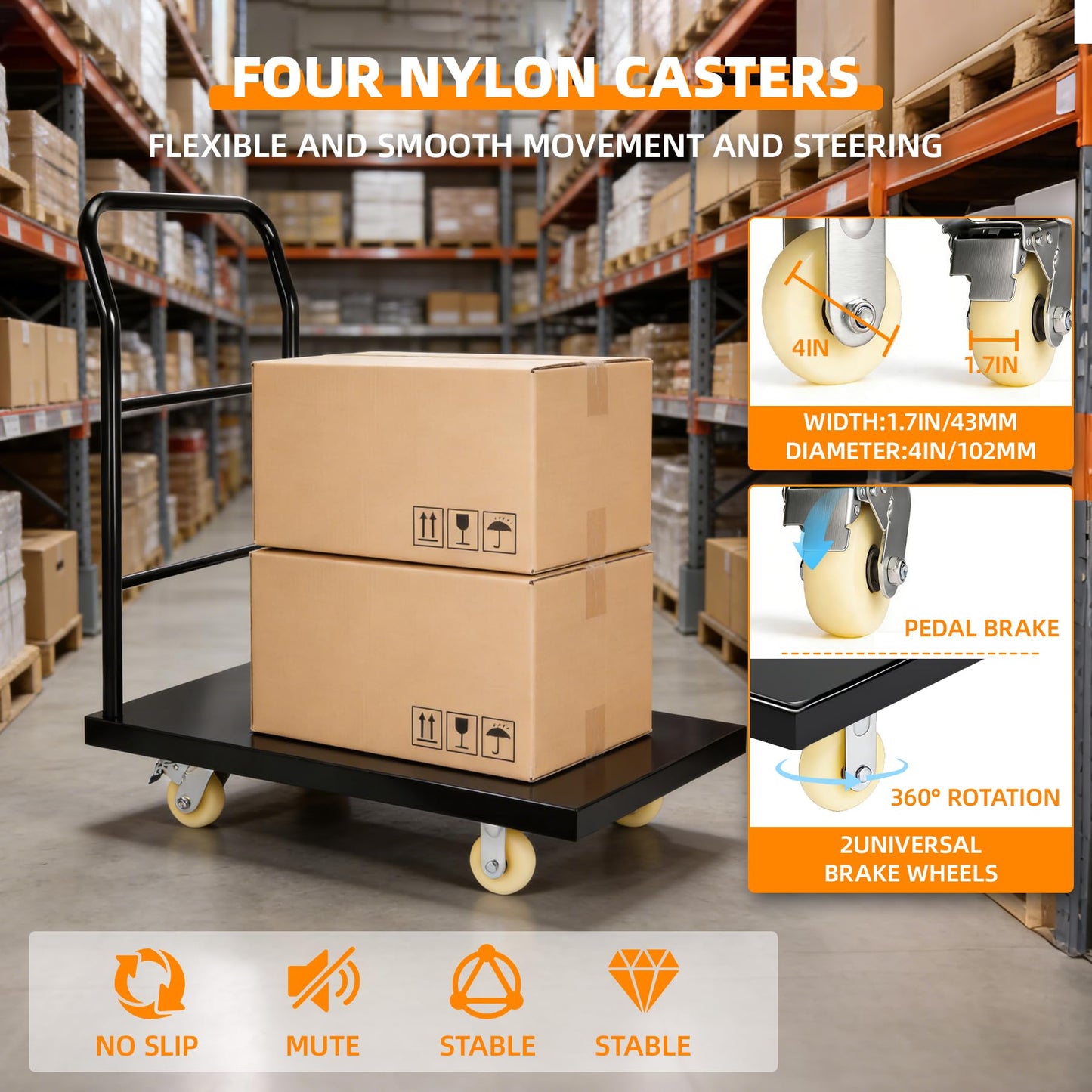Heavy Duty Platform Truck Moving Flatbed Cart 36” x 24”Push Dolly, 2200 lbs Capacity Steel Flatbed Cart, Flat cart with Wheels and Handle, for Luggage Moving, Shopping Groceries, Garage, Warehouse