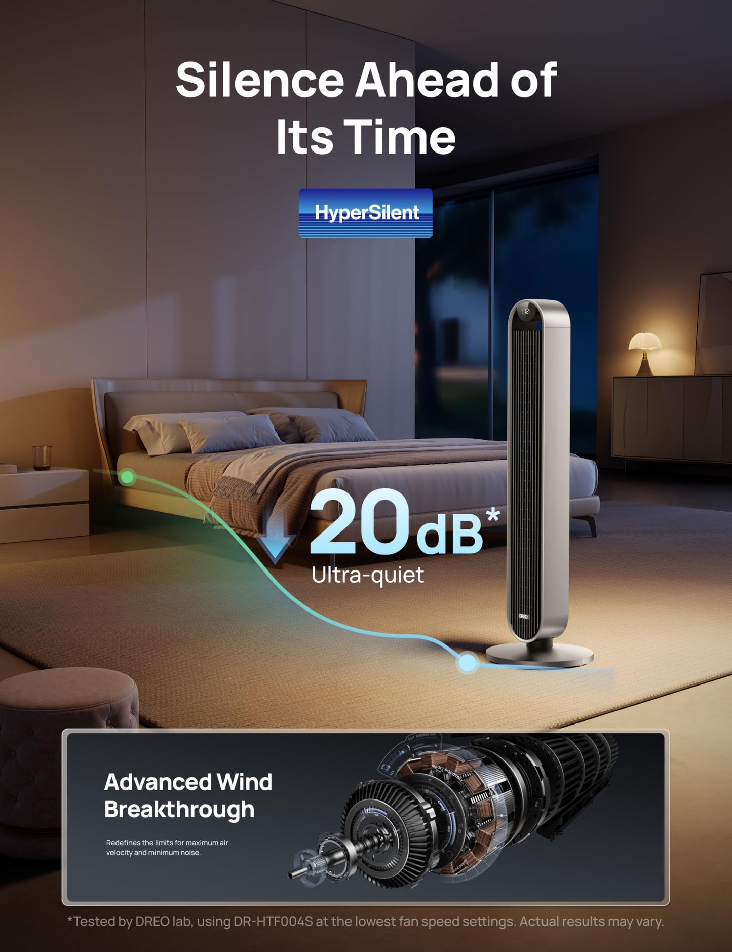 DREO Tower Fan for Bedroom, 42 Inch 120° Oscillating Fan, 20dB Quiet DC Motor, 28ft/s Velocity Bladeless Standing Fan with 12 Speeds, 4 Modes, 12H Timer Cooling Fans for Home, Living Room