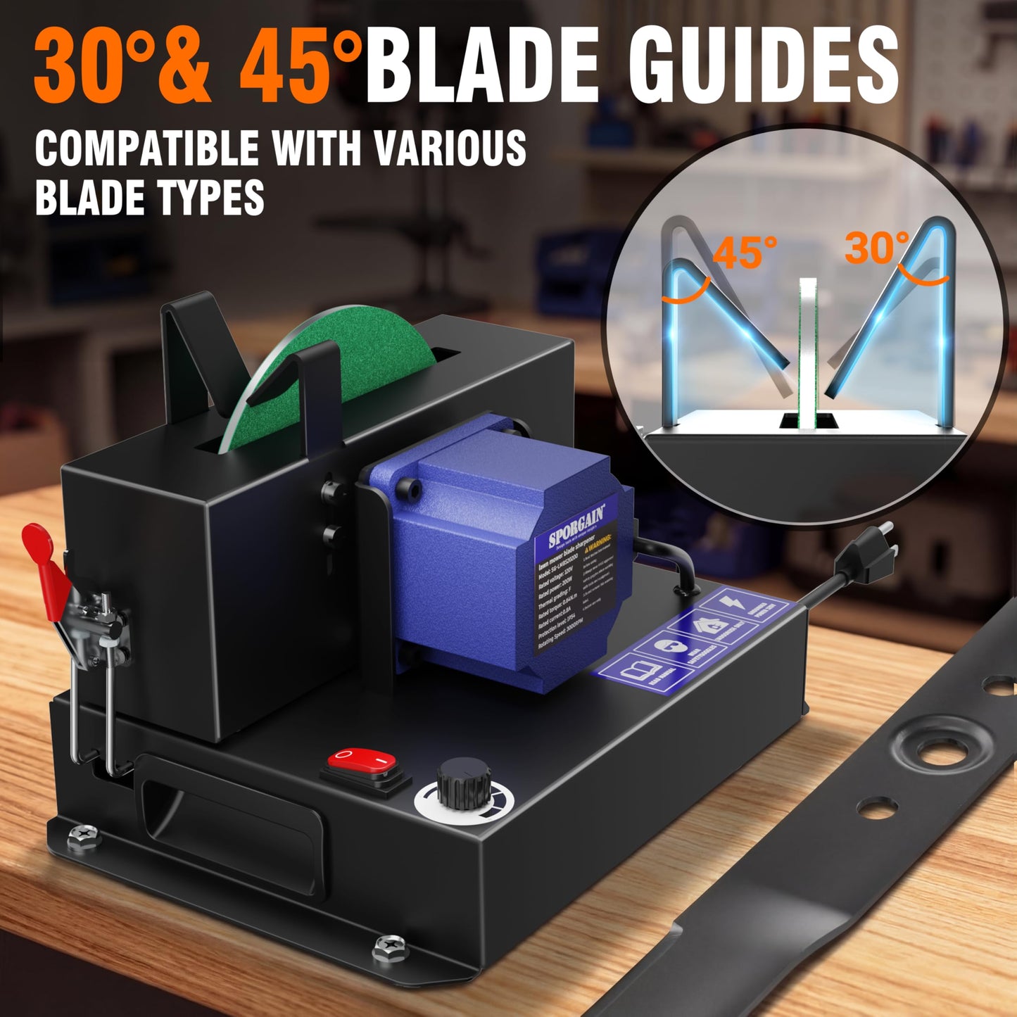 SporGain Lawn Mower Blade Sharpener, Brushless Motor 3000RPM Blade Grinder with Lifetime Motor Warranty, 7" Ceramic Wheel with 20 Sanding Discs for High Lift, Low Lift, Gator & Flat Blades