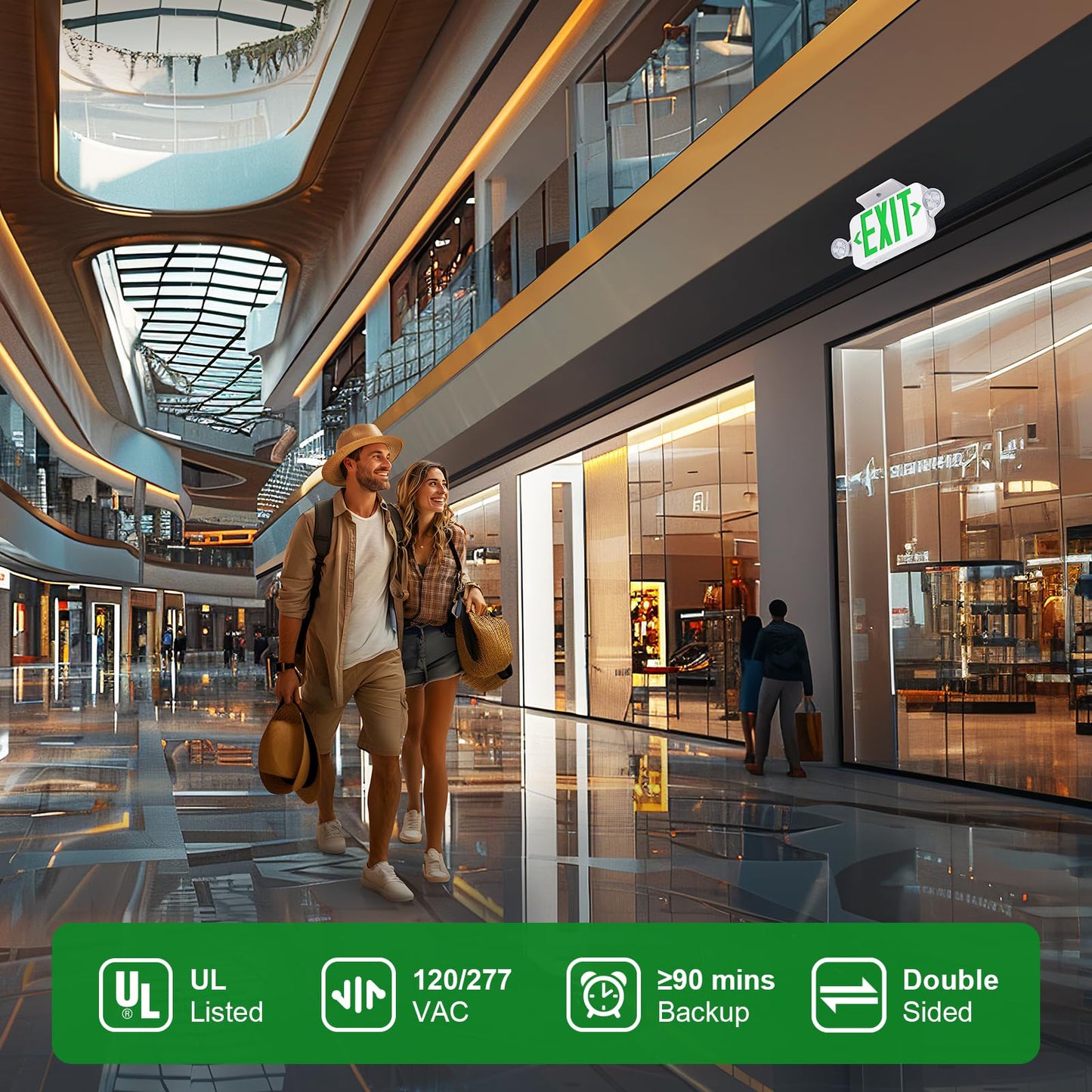 Emergency Exit Sign Lights Combo with Battery Backup, Double Sided Hardwired 6 LEDs Exit Signs, Adjustable Heads Green Emergency Exit Lighting Ceiling/Wall Mount, UL Listed, AC 120/277V (4 Pack)