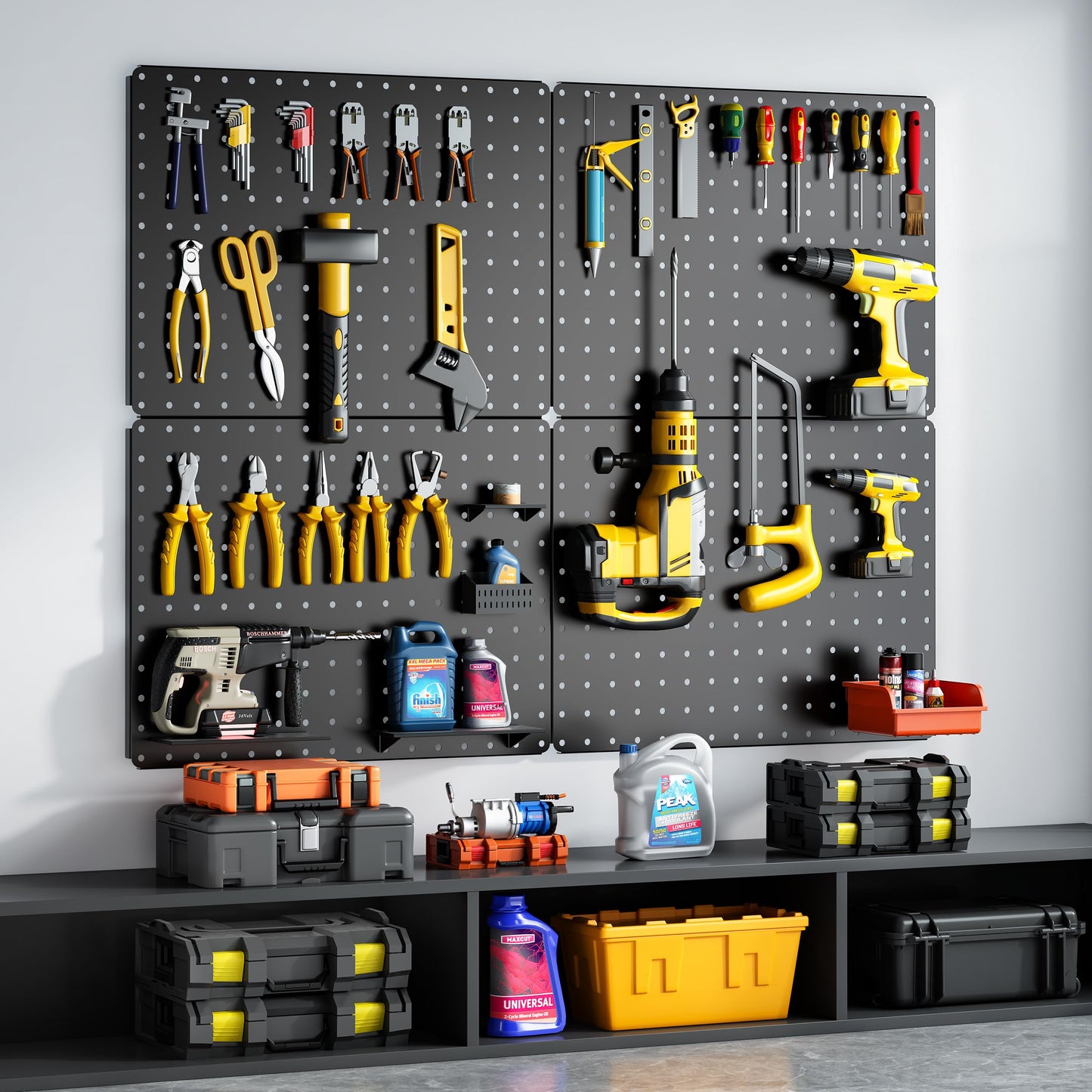Hogurity Peg Board, 110pcs Metal Pegboard Kit, Includes 4 Pack Black Peg Board Panels with Accessories and Hook Locks, Large Heavy Duty Peg Boards for Walls Home, Garage Tool Storage, Workbench