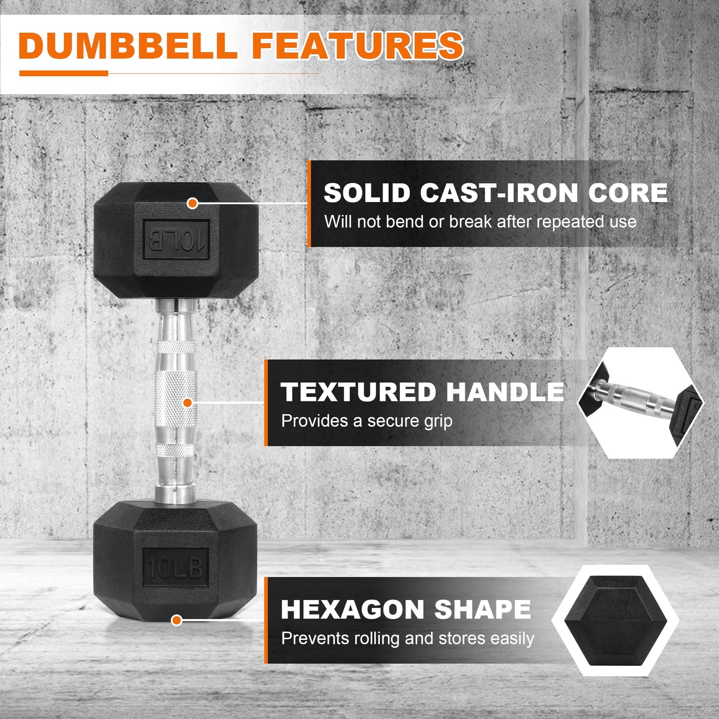 Fitvids Hex Dumbbells Rubber Coated Hand Weights for Exercises and Fitness â€“ 45 LB Pair â€“ Black