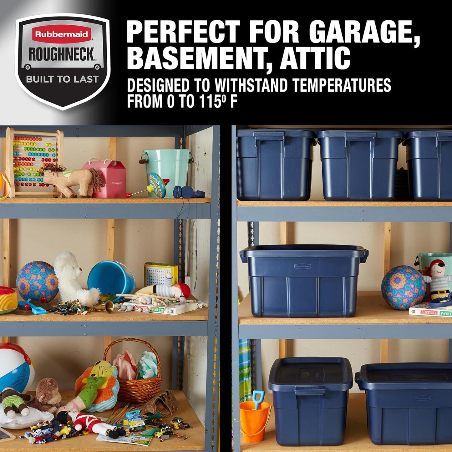 Rubbermaid Roughneck Tote - 14 Gallon Stackable Storage Bins with Lids & Handles | Dark Indigo Metallic, 6 Pack