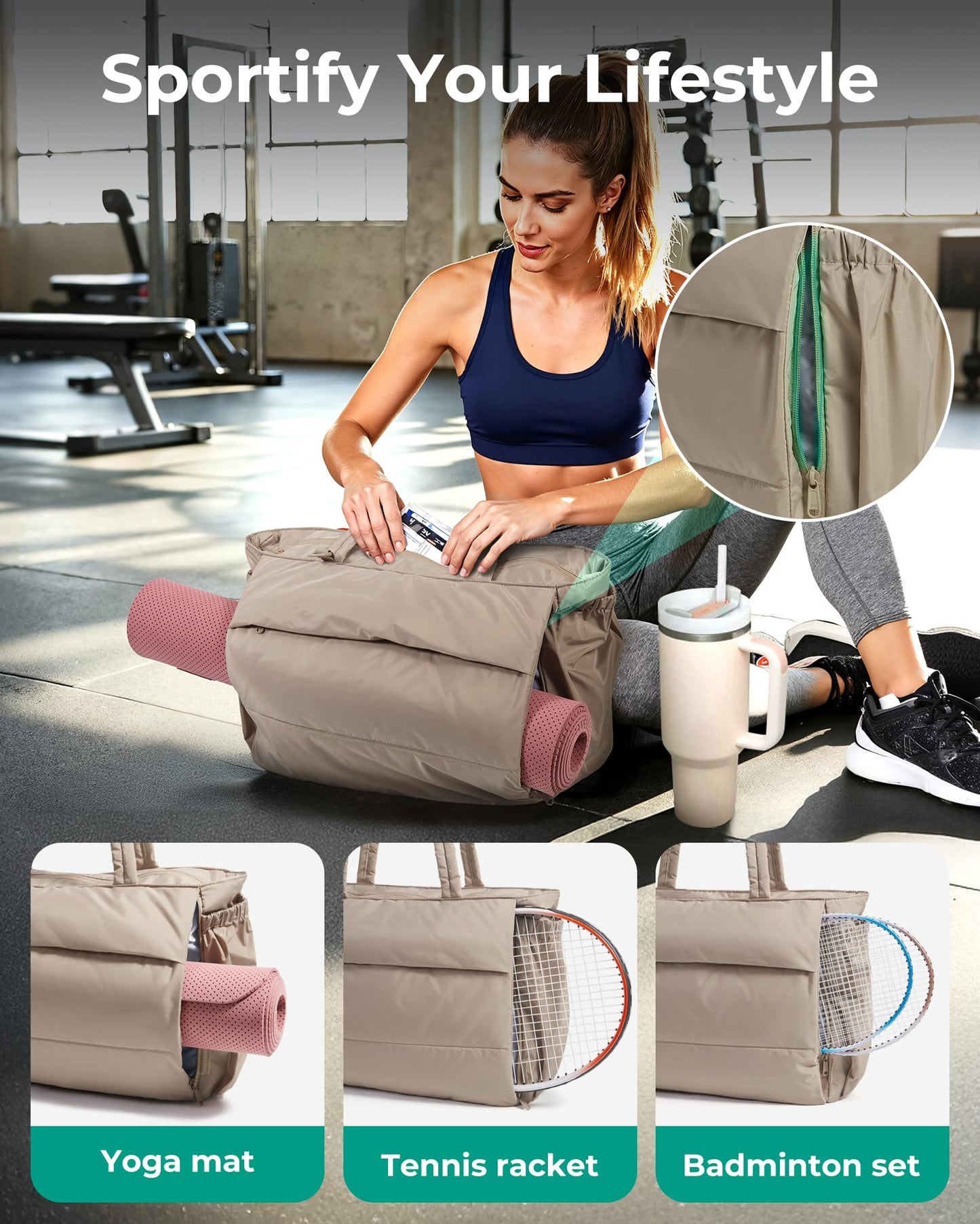 BAGSMART Yoga Mat Bag for Women, 22L Puffer Pilates Bag for 40oz Tumbler, Gym Bag for Yoga Travel College, Camel