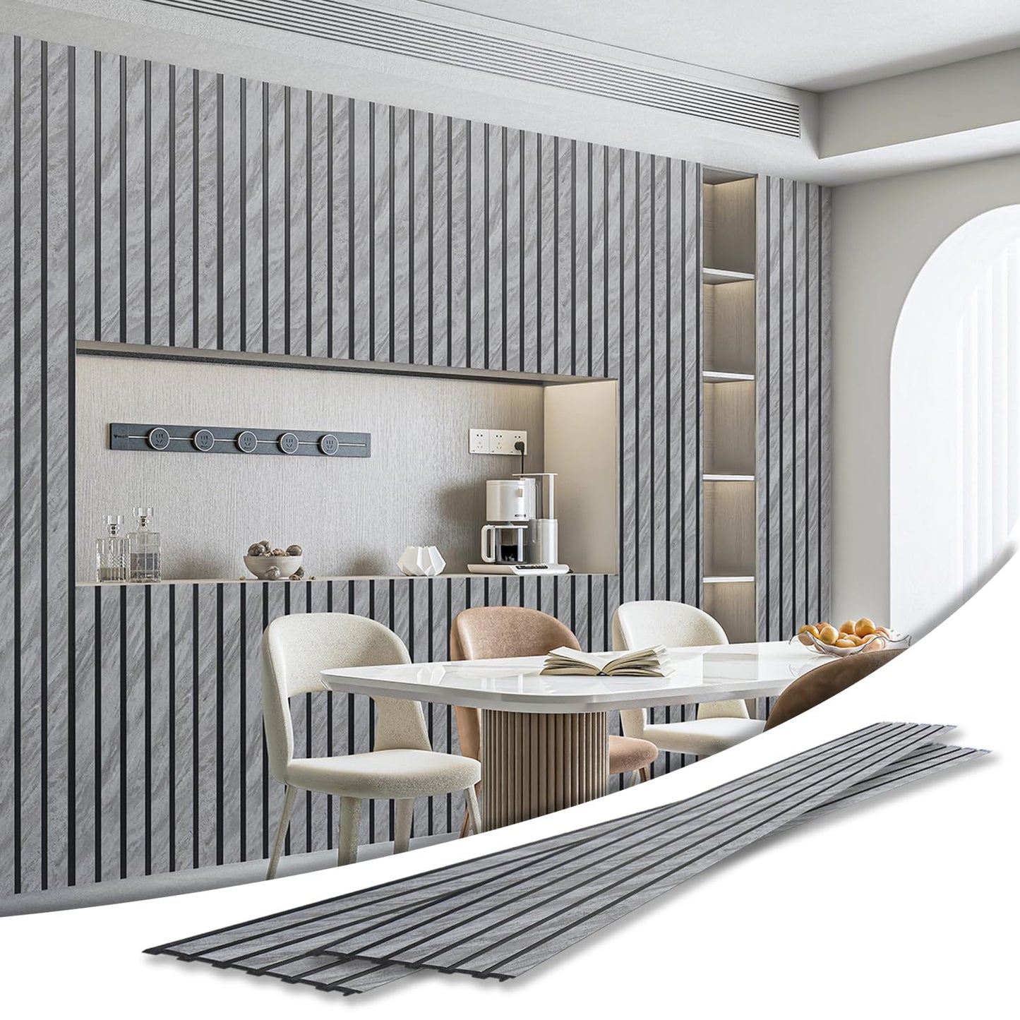 Art3d 4-Pack Glue-On Six-Grid Wainscoting Panel for Interior Wall Decor - 104 x 12 Inch Polystyrene Ultralight Slim Slat Wall Panels for Living Room Bedroom, Granite