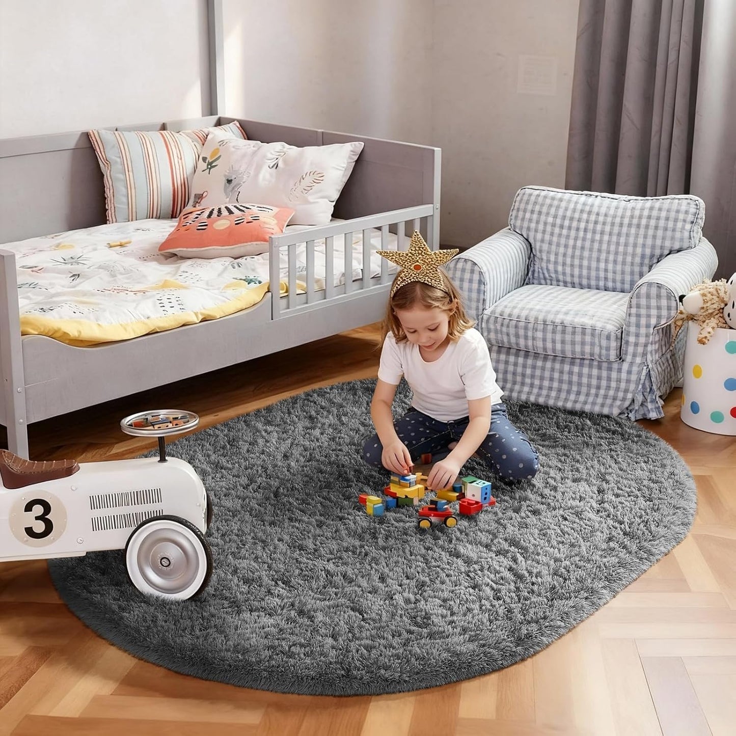 Ophanie 3x5 Oval Rug - Non-Slip Grey Area Rug for Bedroom & Dorm | Fluffy Home Decor Essentials