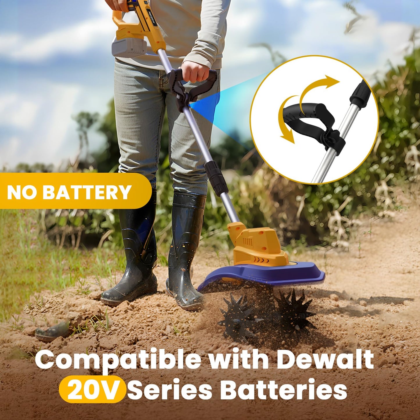 Cordless Garden Tiller Cultivator Compatible with Dewalt 20V/60V MAX Battery, 250RPM Electric Rototiller with Brushless Motor, 48 Steel Tines, 8.7" Tilling Width, 6.3" Depth, Rotary Tiller(Tool ONLY)