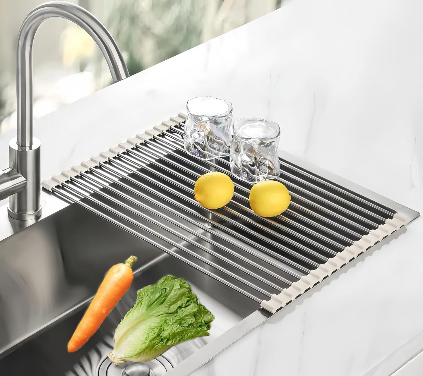 Skiennix Roll Up Dish Drying Rack - Foldable Stainless Steel Kitchen Rack | 17.7" x 11.8" (Grey)