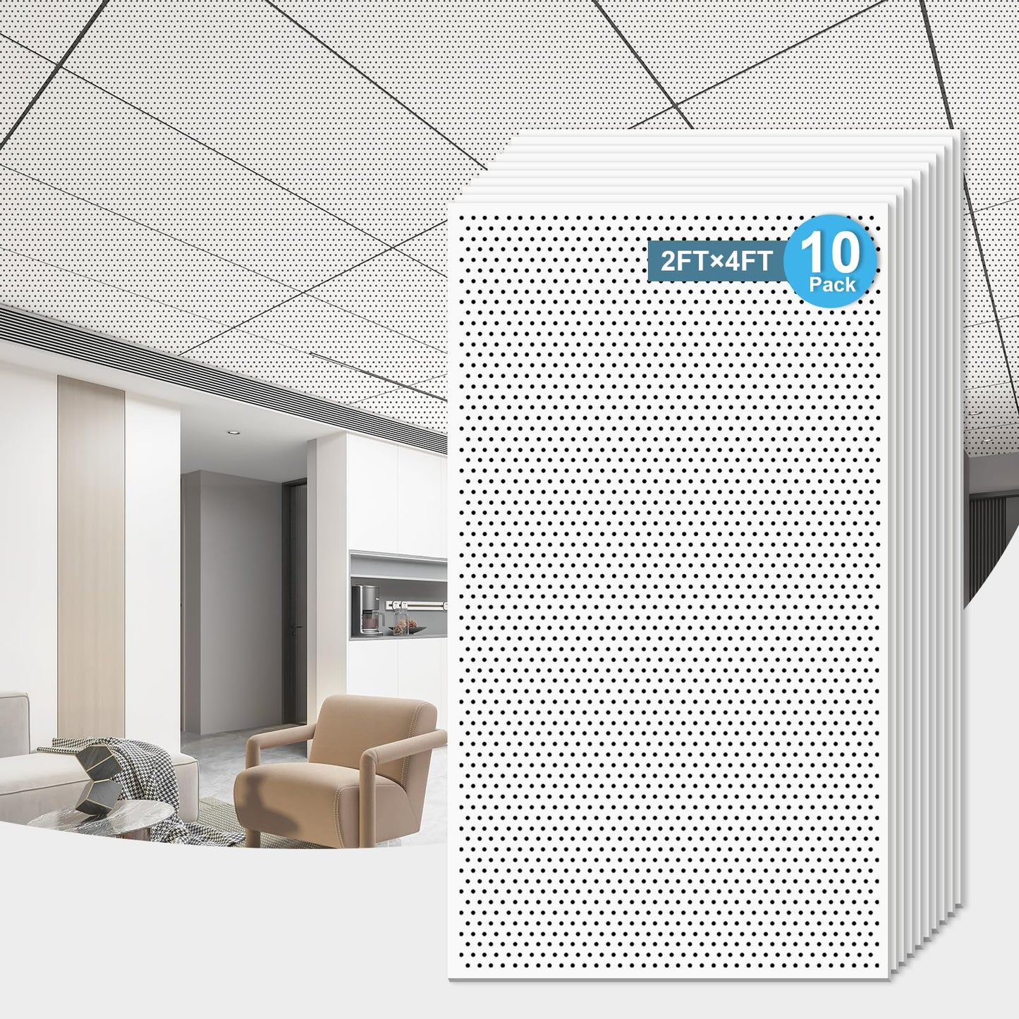 Art3d Acoustic Drop Ceiling Tiles 24x48 10-Pack, Soundproof Panels 2x4ft for Wall Coverings, White