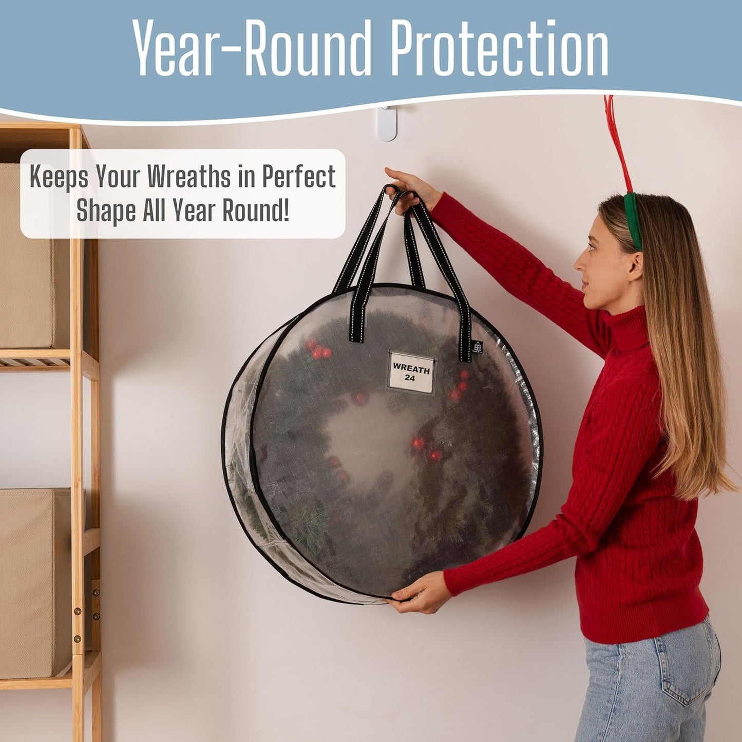 VENO Wreath Storage Container - 24 Inch Heavy-Duty Clear Bag with Wall Hanging Handles | 2 Pack