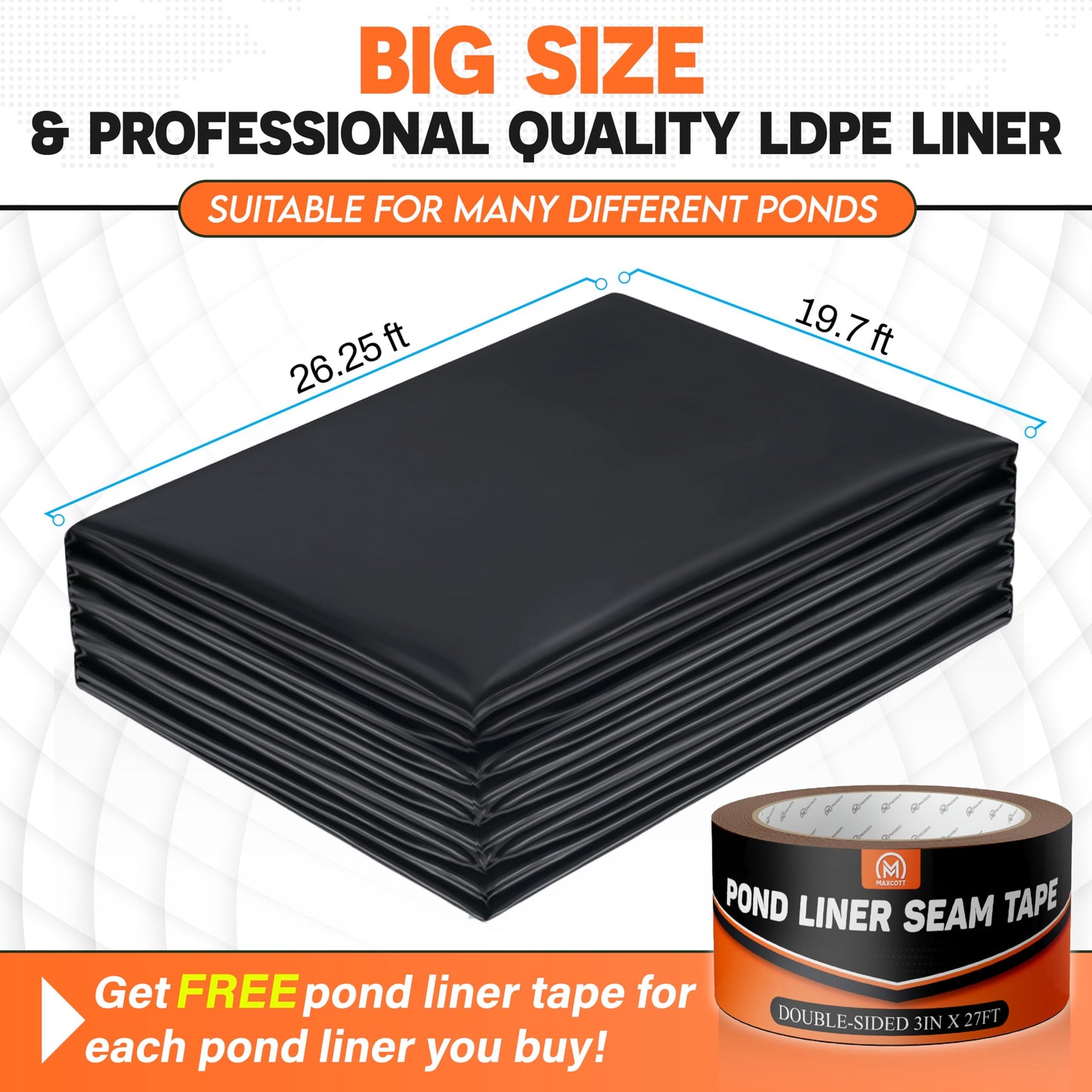 PAMAZY [Premium] 45 Mil LDPE Pond Liner with Seam Tape, Pond Lining for Fish Pond, Performed Garden Ponds, Large Pond Liner for Fishpond, Koi Pond, Waterfall, Streams (19.7 x 26.2FT)