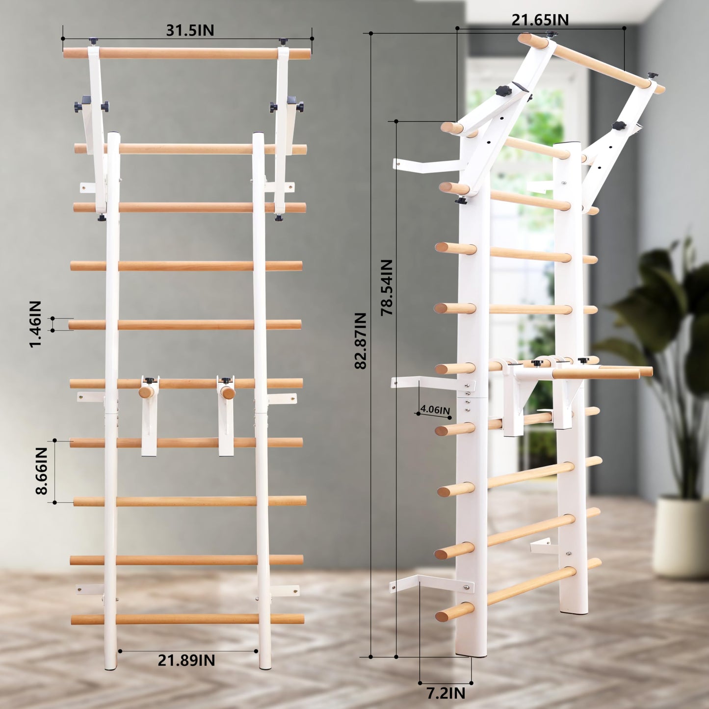 PreGymnastic Stall Bars, Swedish Ladder for Adult and Kids, Wall Bar with Solid Beech Wood Rods, Durable Steel Frame, Adjustable Pull Up and Dip for Strength, Flexibility at Home Gym, Studio