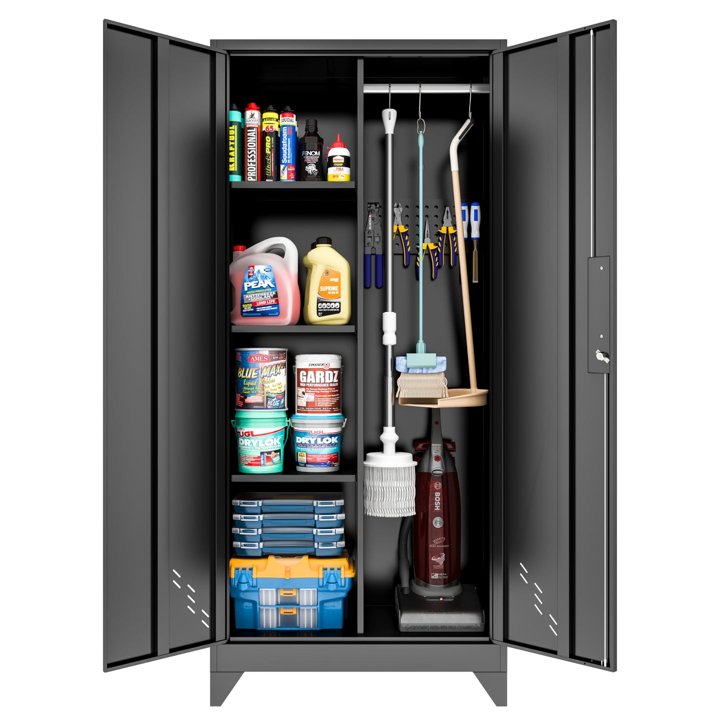 CBNTKI Metal Garage Storage Cabinets with Lock, Cabinet with Pegboard & Hanging Rod, Broom Closet Storage Cabinets, Black Lockable Steel Tool Cabinet for Home,Garage,Utility Room