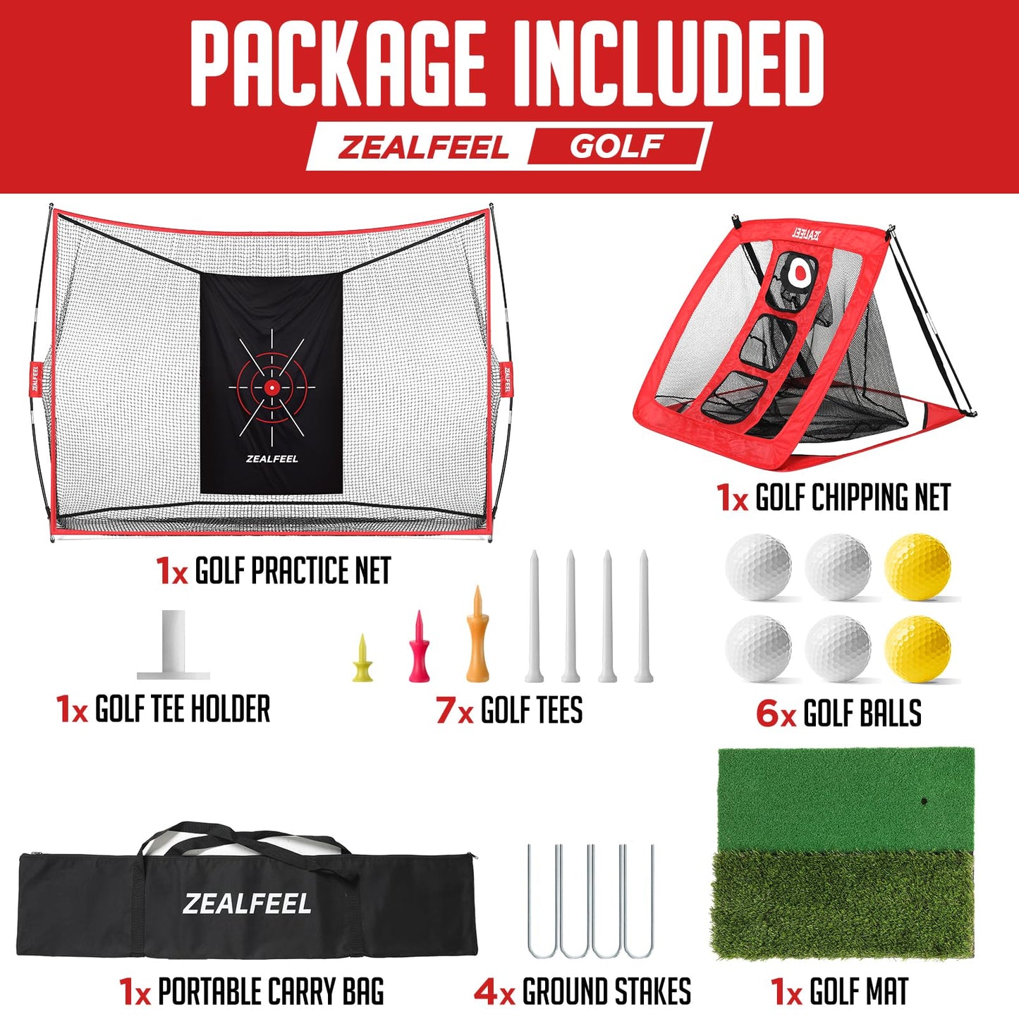 ZEALFEEL Golf Net, 10x7ft Practice Net with Chipping Net, Foldable Mat, Silk Target, 8 Tees, 6 Balls, Carry Bag, Golf Hiting Nets for Backyard Driving Chipping Indoor Outdoor Use