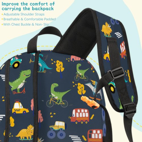 HUXINO Dinosaur Backpack for Kids 5-12, Boys Girls School, Bookbag with Dino & Vehicle Patterns, Lightweight Water Resistant Travel Backpack for Elementary Students