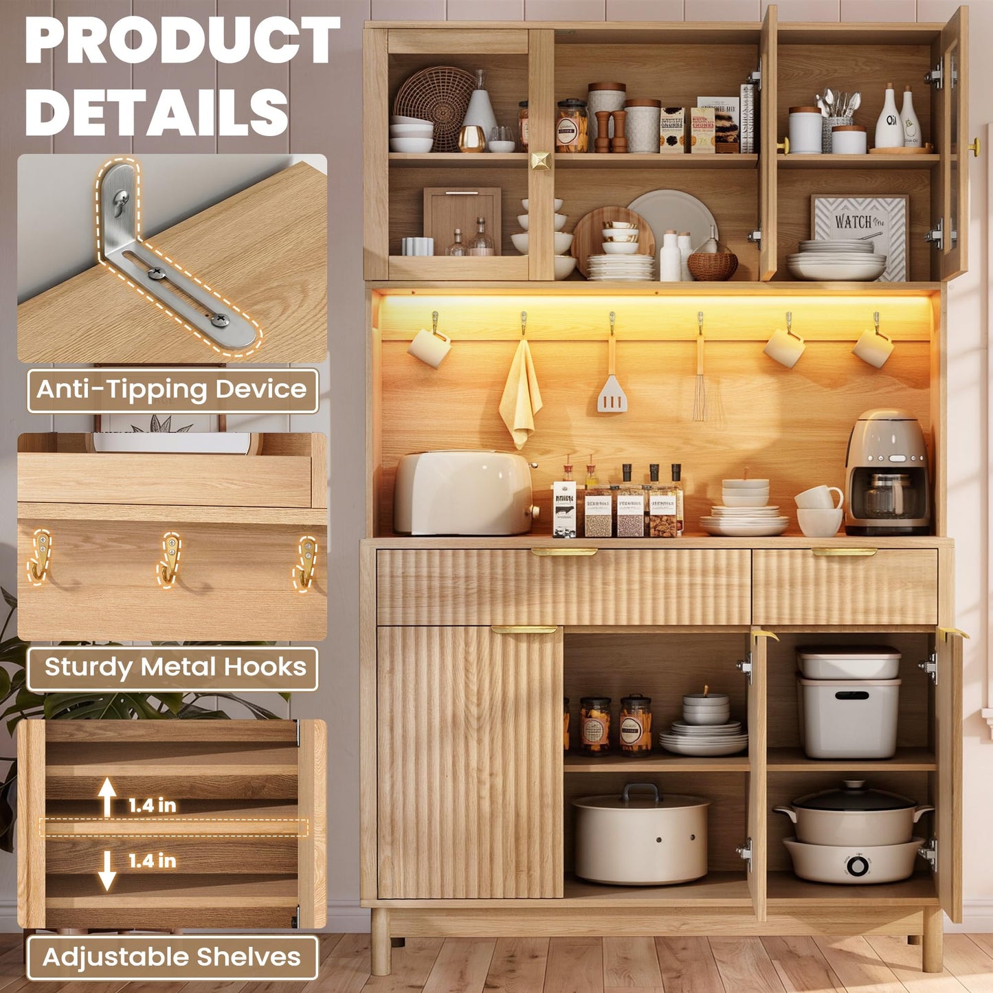 Fkhouse 71'' Fluted Kitchen Pantry Cabinet with Power Outlet & LED Light, Food Kitchen Hutch with Countertop, Wood Pantry Storage Cabinet with a Drawer & Shelves for Living Room, Dining Room, Natural