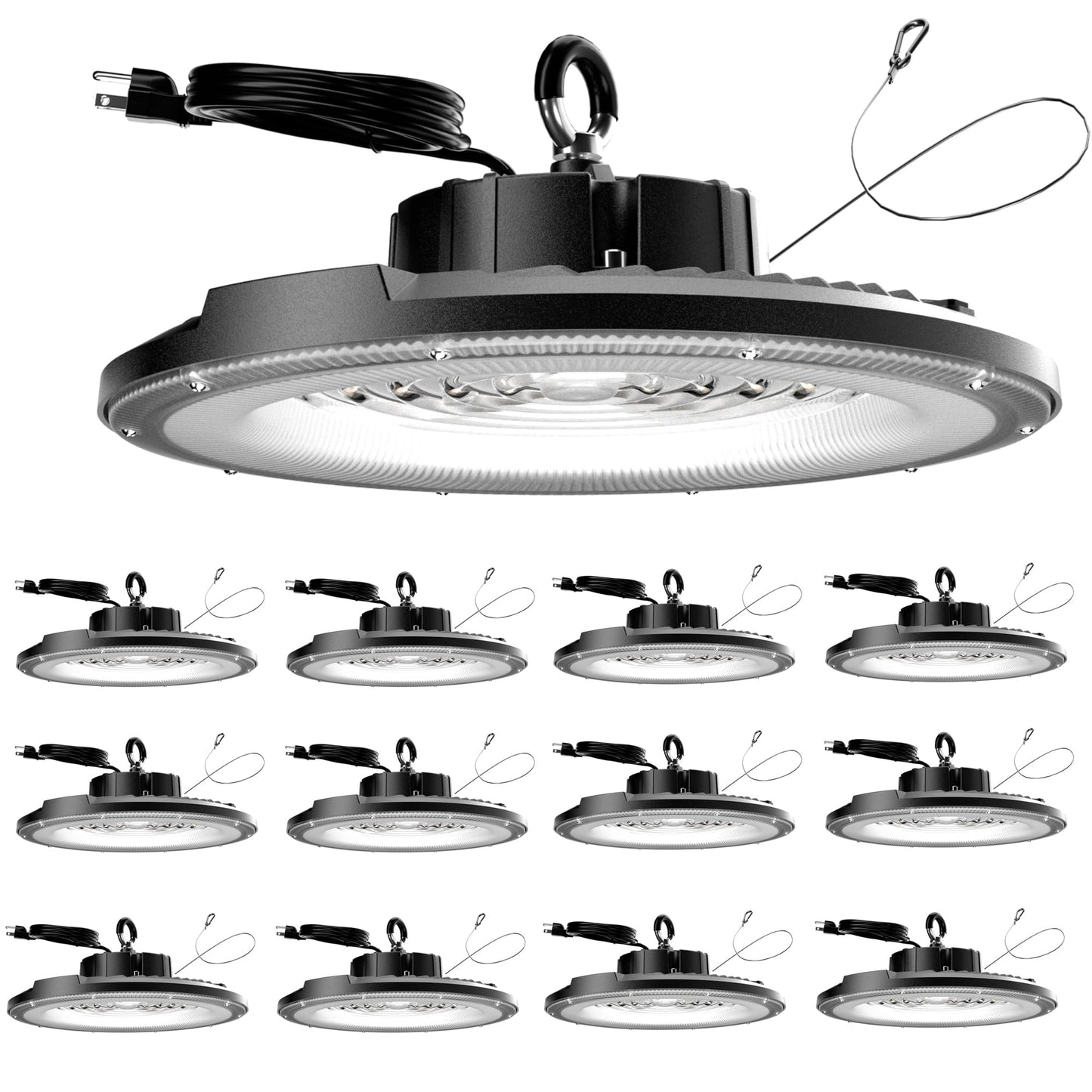 Jinshowlux UFO LED High Bay Light 200W 12 Pack 5000K 30000LM High Bay LED Shop Light with Plug Alternative to 800W MH/HPS for Warehouse Garage Workshop, AC100-277V。