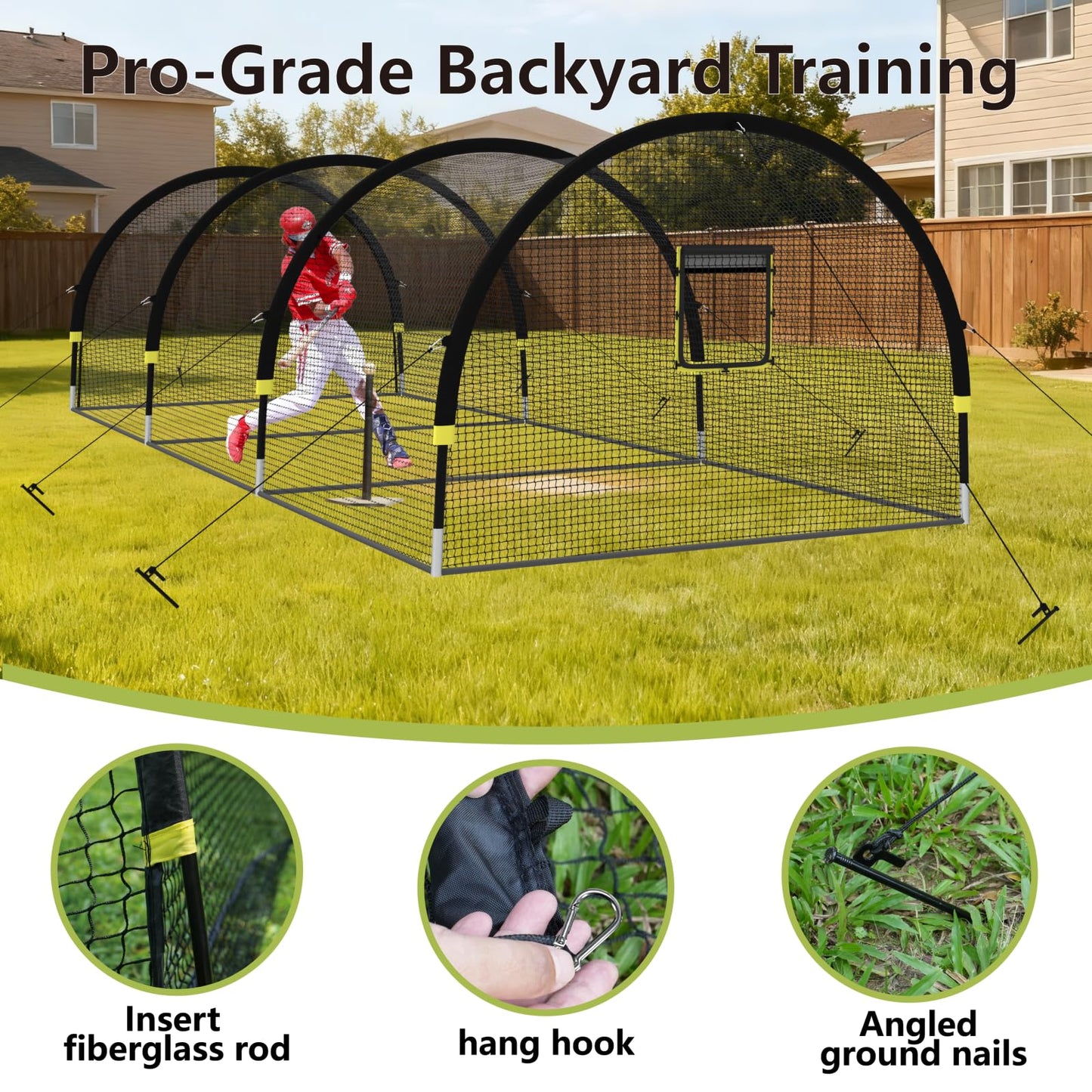 IDEATRY Baseball Batting Cages for Backyard - 30ft x 12ft x 8ft Portable Practice Softball Cage Net and Frame with Pitching Machine Hole, 12.7MM Fibreglass Poles and Carry Bag