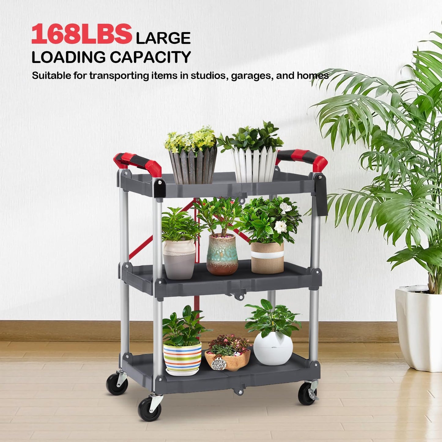 Foldable Utility Carts with Wheels, 3-Tier Holds Folding Rolling Cart with Fixed Rope, Pack-N-Roll Collapsible Service Cart for Home, Office, Garage, and Warehouse - No Assembly Required