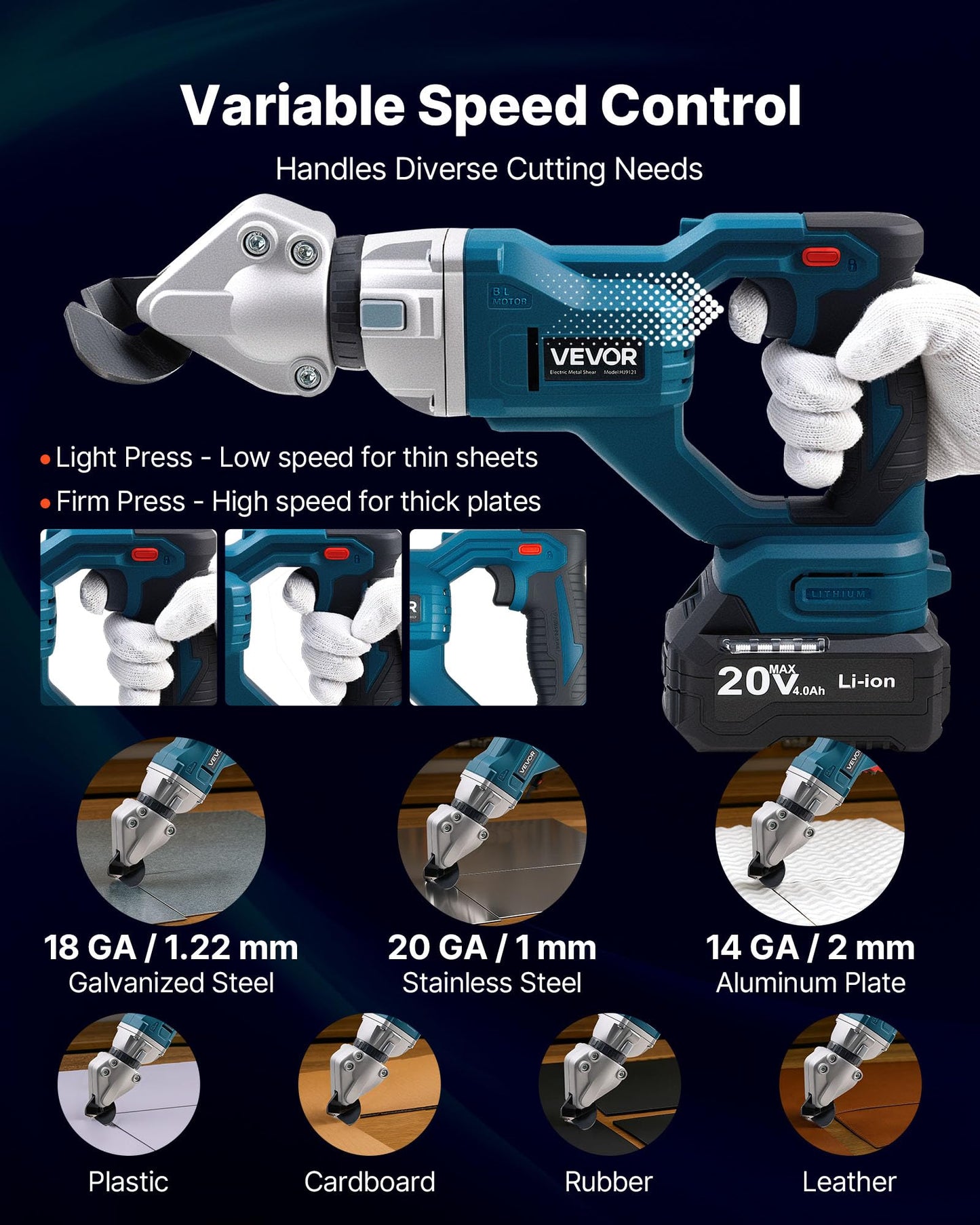 VEVOR Metal Shear, Cordless Sheet Metal Cutter with 360-Degree Pivoting Head, Double Blades, 110VAC 20VDC, Cuts 18 GA Galvanized Steel, 20 GA Stainless Steel, Aluminum, Plastic, Cardboard, 2800SPM