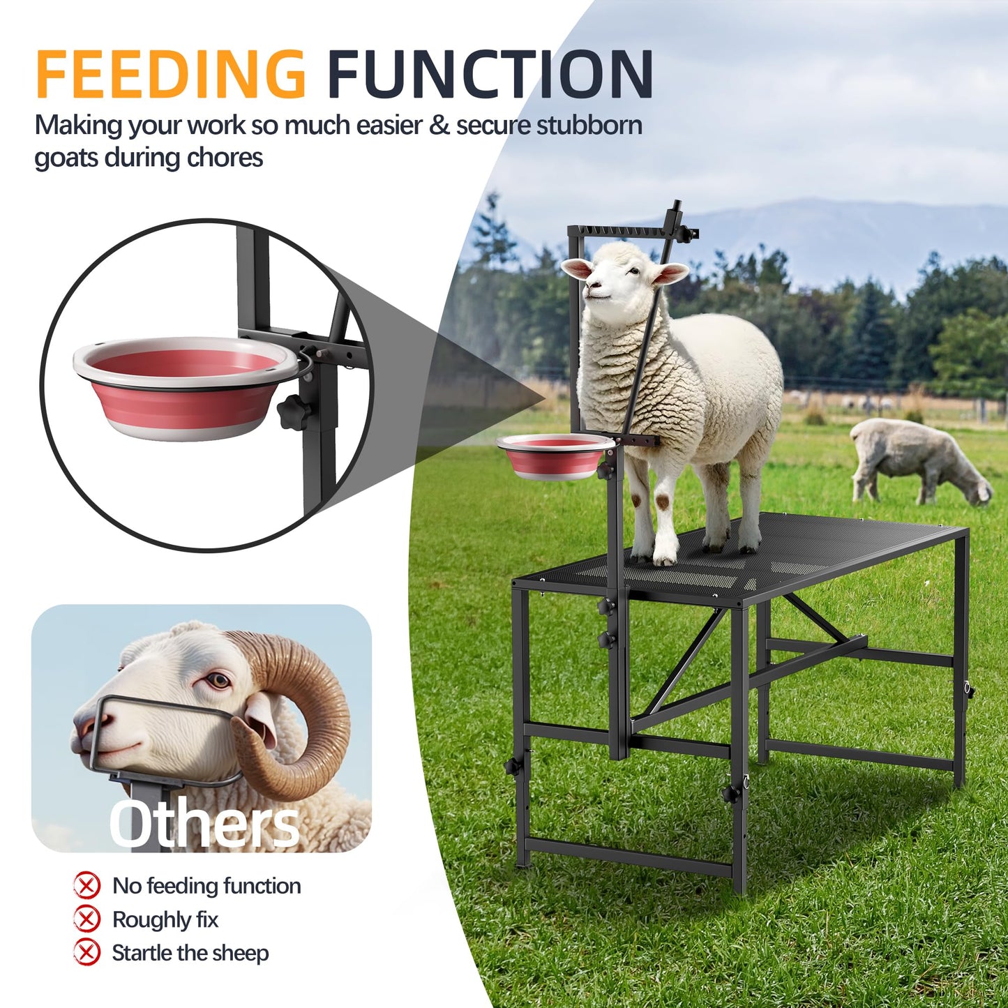SKONYON Goat Milking Stand With Feeder: Heavy Duty 600lbs Goat Stand | 47x23 Inch Livestock Table With Adjustable Headpiece & Legs | Hoof Trimmers Shearing For Goats & Sheep | Sheep Stand Black