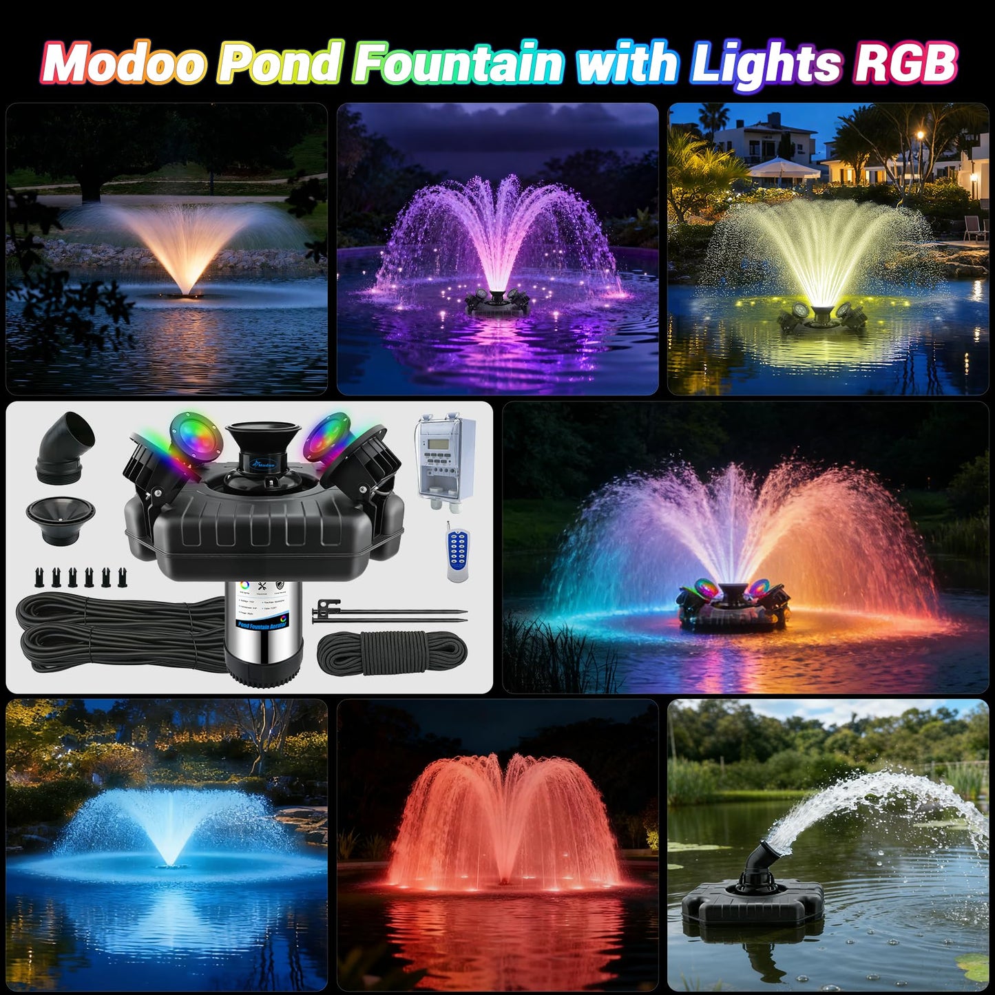 Pond Fountain Aerator with Lights Dynamic RGB Light 1HP 750W Floating Fountain for Pond Lake, 110V 15000 GPH Fully Automatic Stainless Steel Fountain Pump 100Ft Cord with 4 LED Lights and Nail, Rope