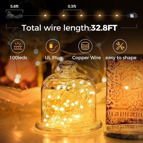 Ariceleo 33 Ft. Fairy Lights | 100 LED Waterproof Copper Wire String Lights - Warm White for Indoor/Outdoor Decor