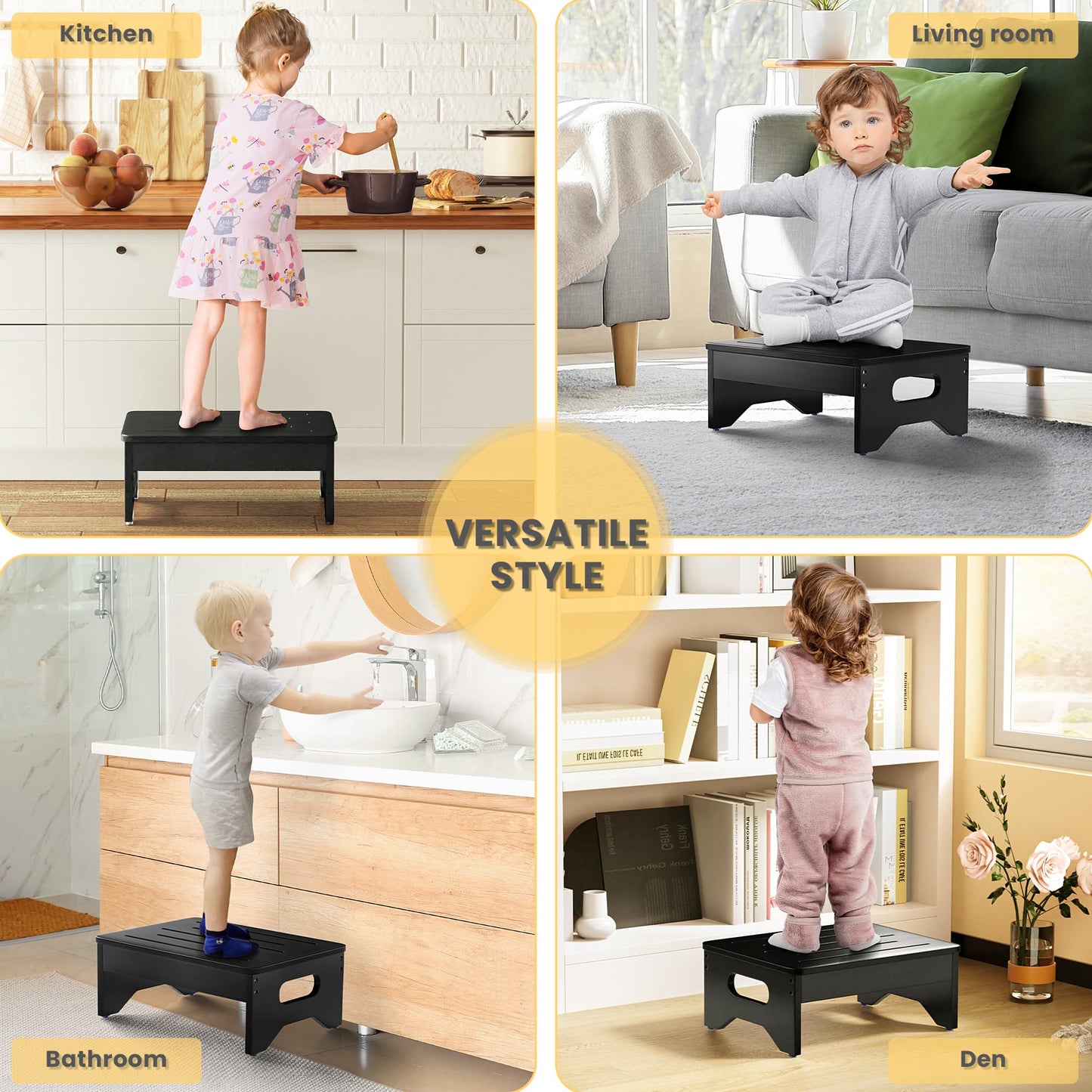 Wooden Step Stool for Adults & Kids, Non-Slip Rubber Feet, 6.5 Inch High, Lightweight Small Step, 400 Lbs Capacity, Bed Step Stool for High Bed, Bathroom & Kitchen (Black)