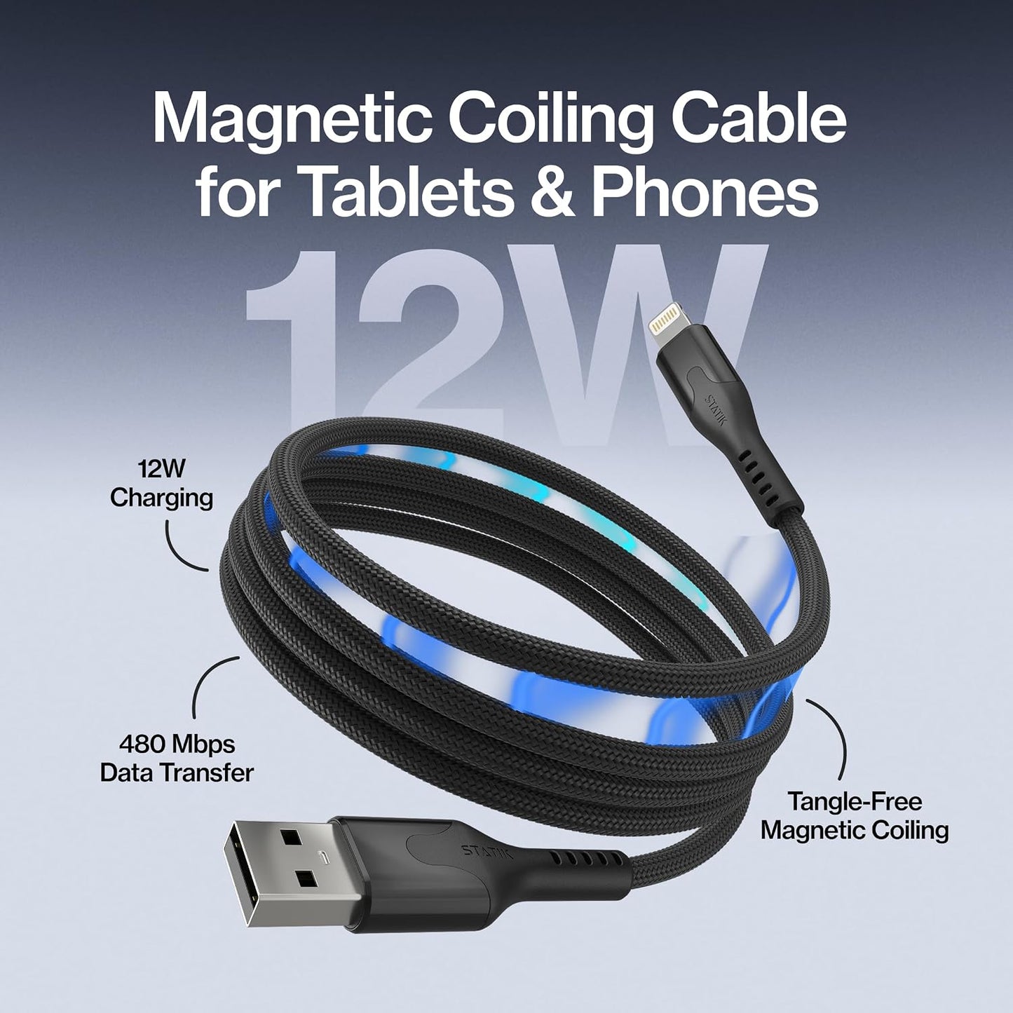 12W, 6FT Statik MagStack USB A to Lightning Cable MFi Certified, Clutter-Free Magnetic Charging Cable, Anti-Tangle