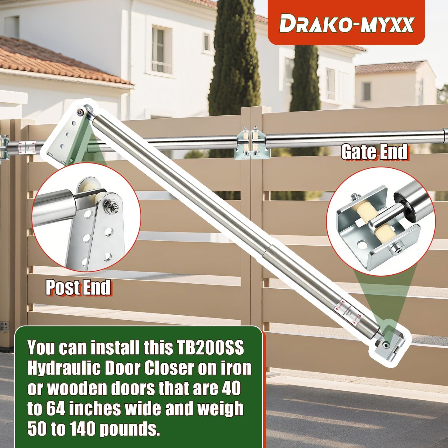 Upgraded TB200SS Stainless Steel Hydraulic Gate Closer Set, Heavy-Duty Weatherproof Outdoor Design, Fits 60–140 Lbs, 40–64 Inches Gate Width, for Farm, Ranch, Fence, Warehouse, Stadium