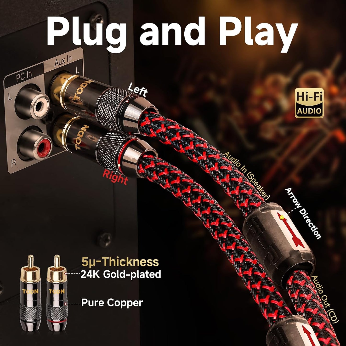 4-Core-OFC (1.64ft/0.5m, 1 TODN Audiophile RCA to RCA Audio Cable with Shielded RCA Stereo Cables for HiFi Home Theater