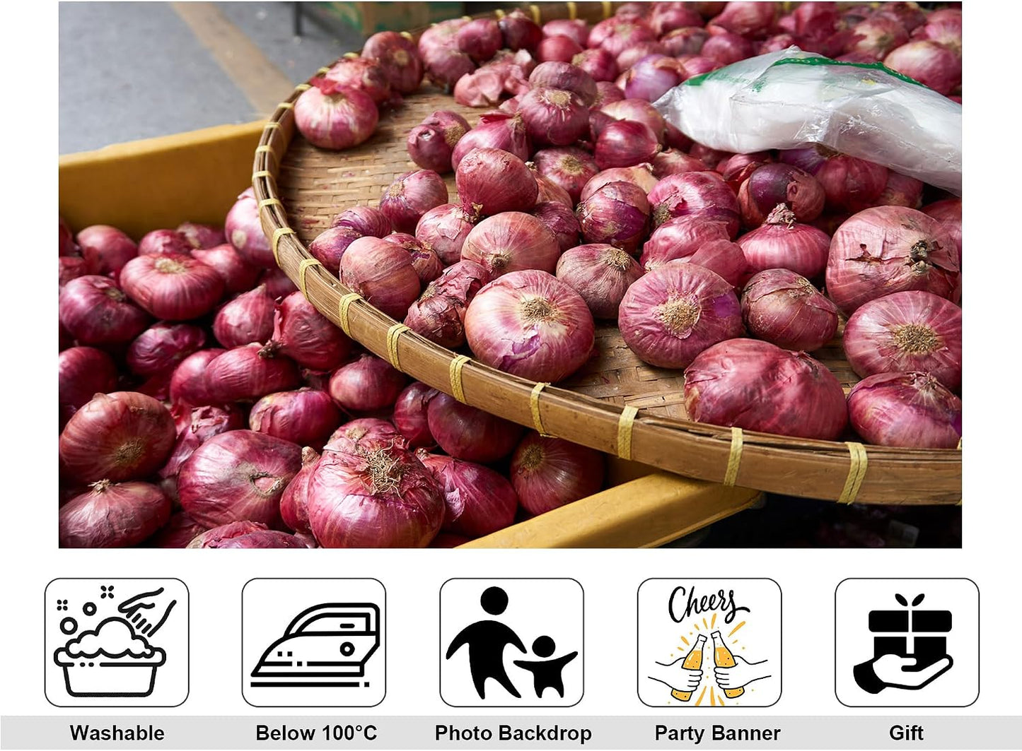 KeyWork 10x5ft Red Onions in Bamboo Basket at Market Backdrop Fresh Produce Photography Background Rustic Food Themed