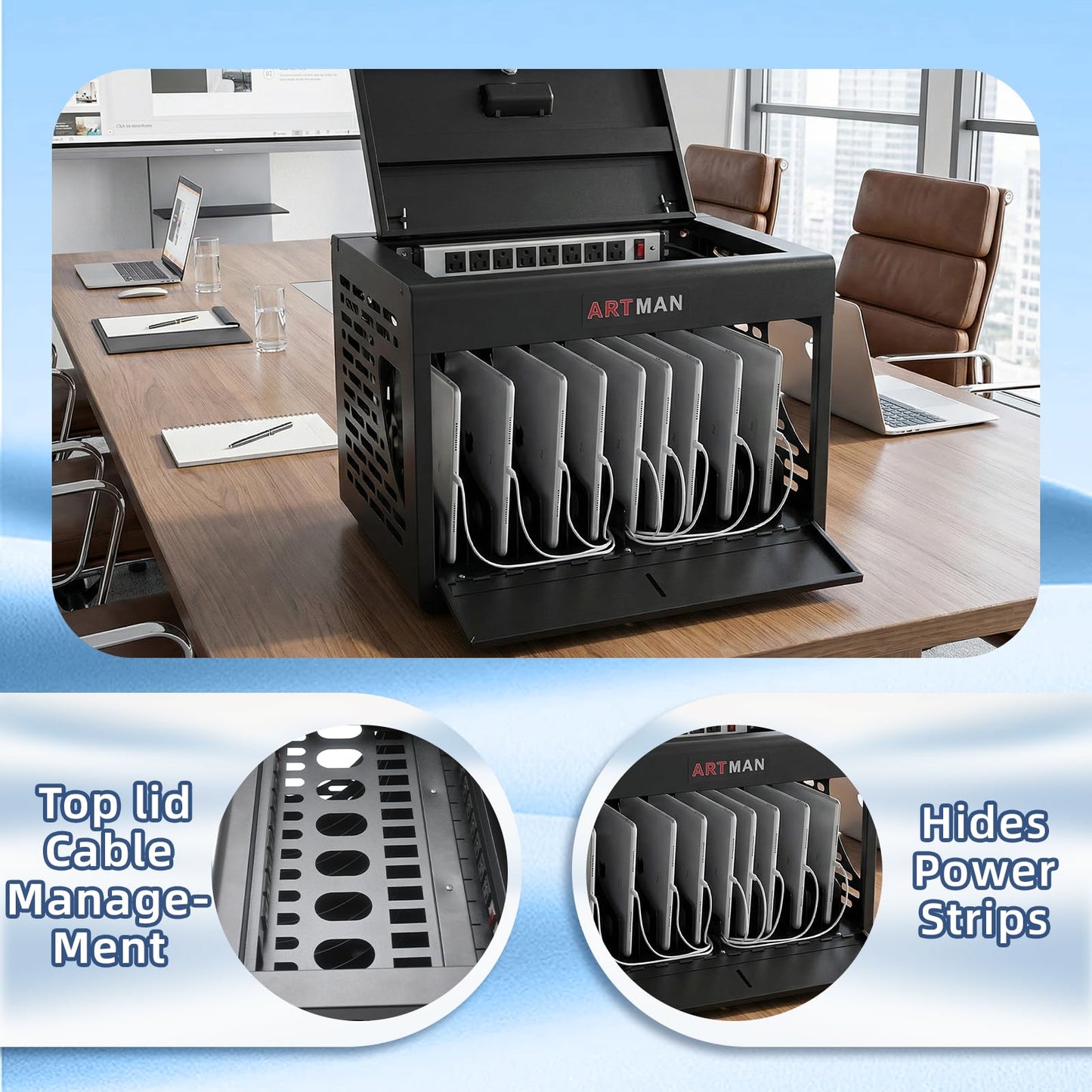 FCFEUE Lockable Charging Station for Laptop & Chromebook Classroom, 16-Port Desktop/Wall Mount Cart with Top Lid Cable Management, Surge Protected for School Office, Fits 14" Devices Black