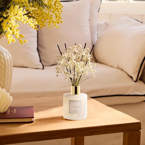 Cocorrína Reed Diffuser - Gardenia Scented 6.7 Fl. Oz Set with Sticks & Baby's Breath Decor