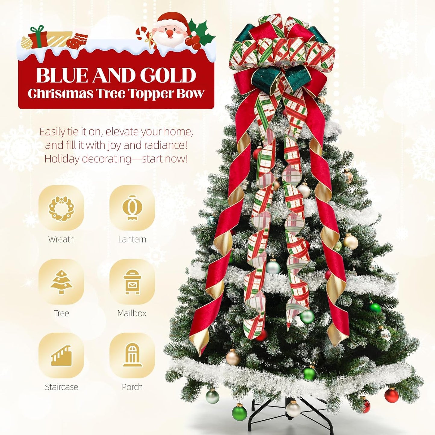 Skiennix Christmas Tree Topper Bow - 13" Large Velvet Red & Green Buffalo Plaid Decoration for Holiday & Festive Parties